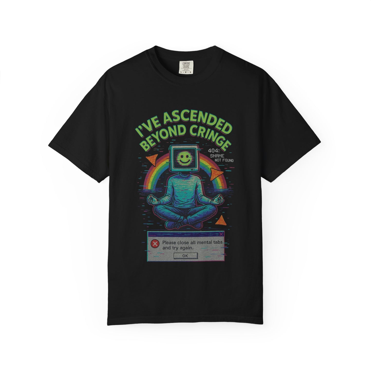 I've Ascended Beyond Cringe Y2K Aesthetic unisex t-shirt with colorful retro graphic design on black fabric
