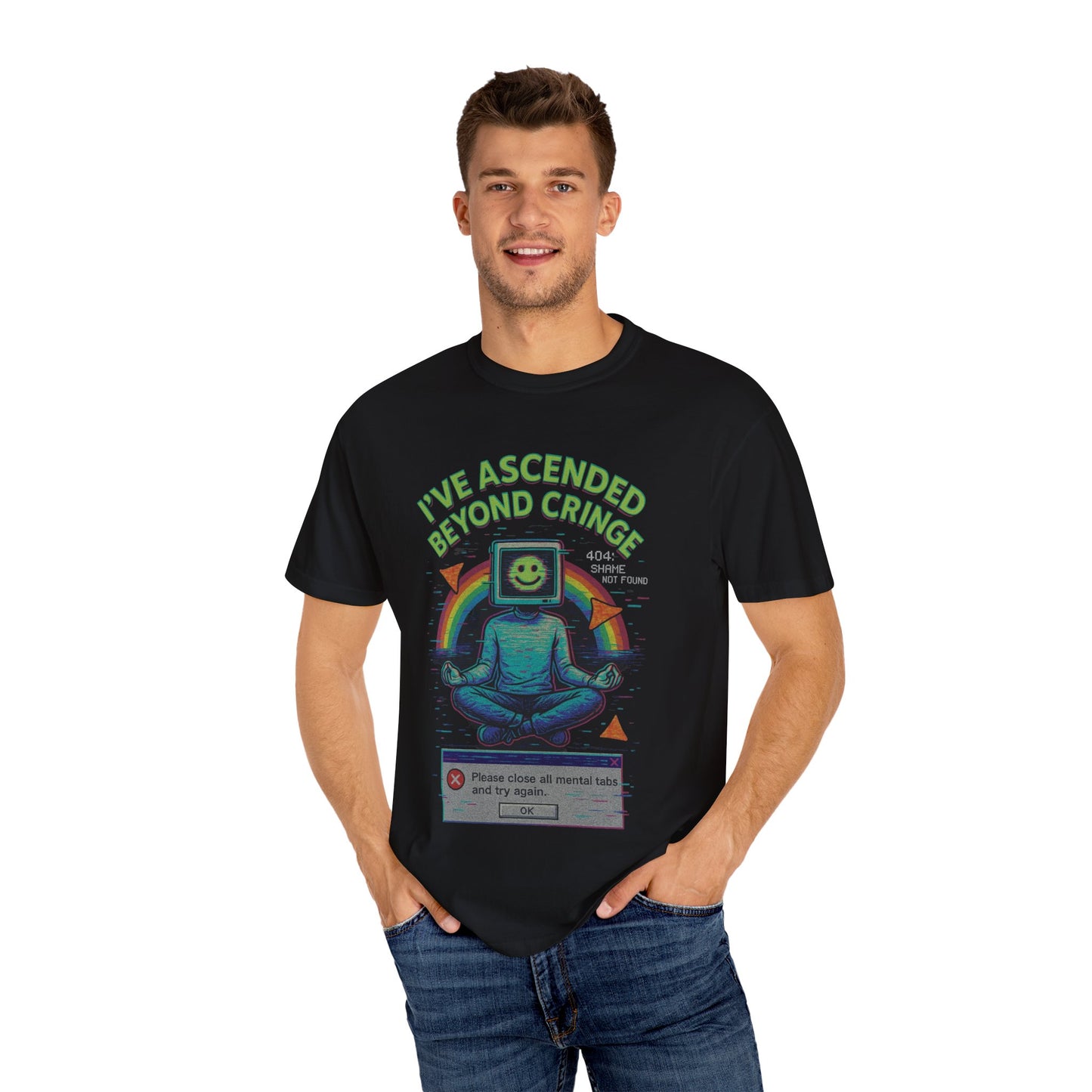 I've Ascended Beyond Cringe Y2K Aesthetic unisex t-shirt featuring a colorful graphic and comfy fit