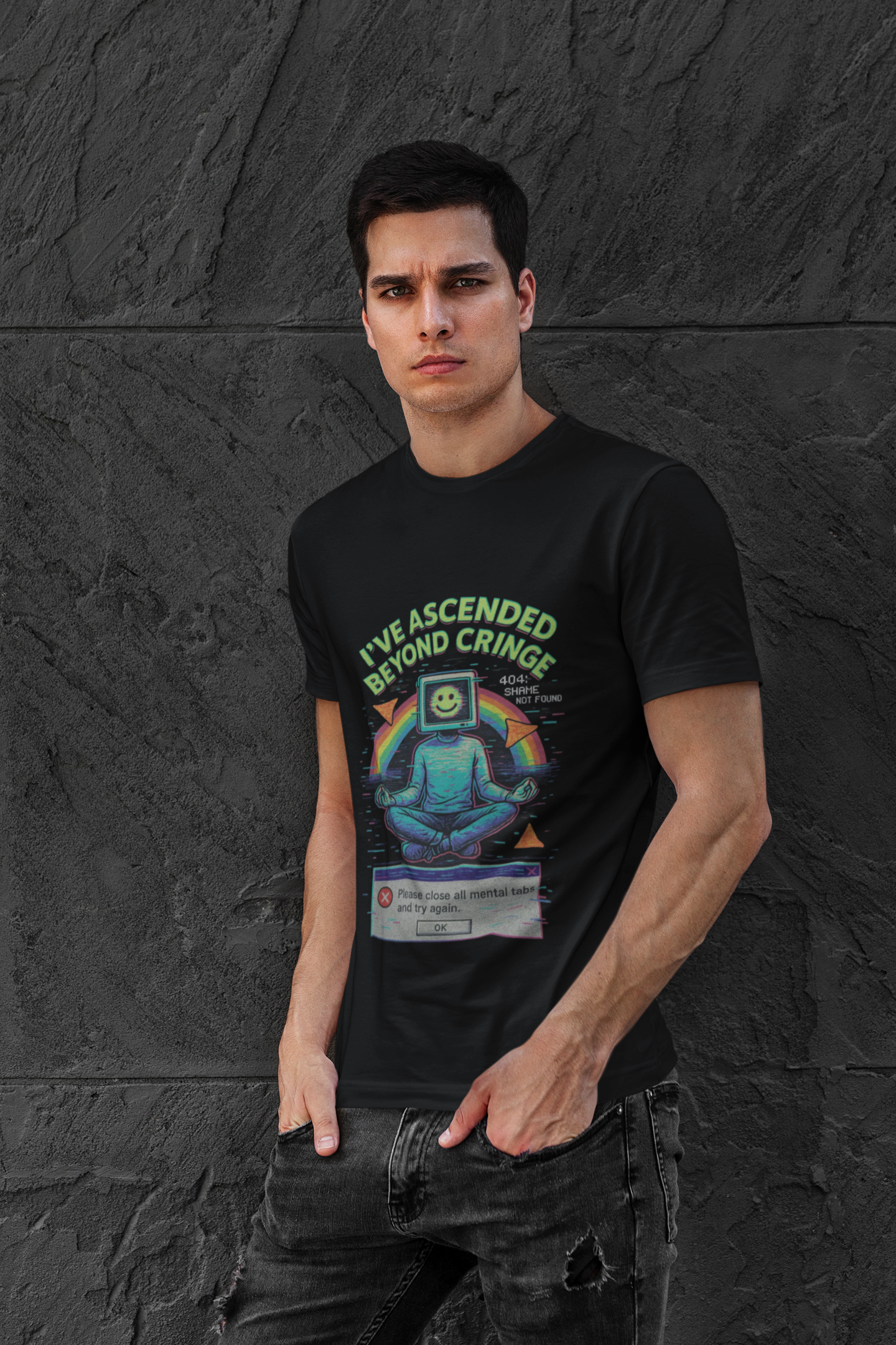 I've Ascended Beyond Cringe Y2K Aesthetic unisex t-shirt featuring a vibrant graphic design on a black background