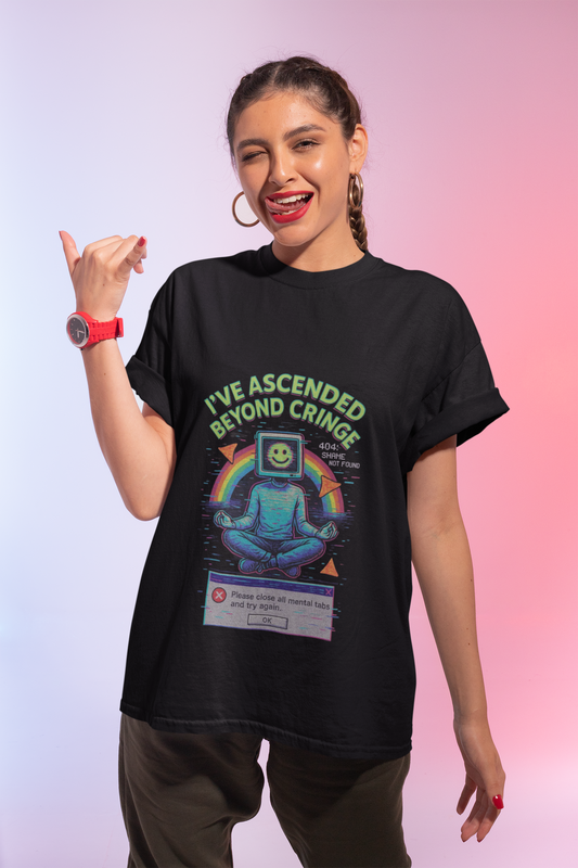I've Ascended Beyond Cringe Y2K Aesthetic unisex t-shirt in black featuring a colorful graphic design 