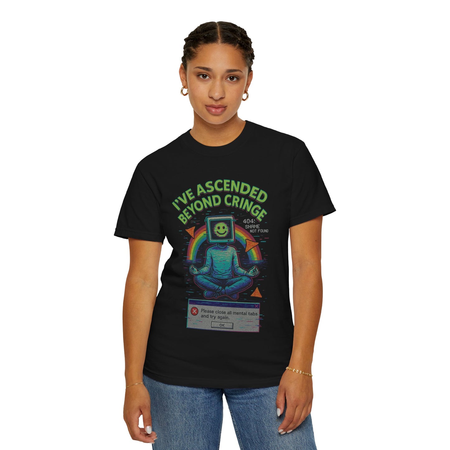 I've Ascended Beyond Cringe Y2K Aesthetic unisex t-shirt featuring a colorful graphic and relaxed fit style