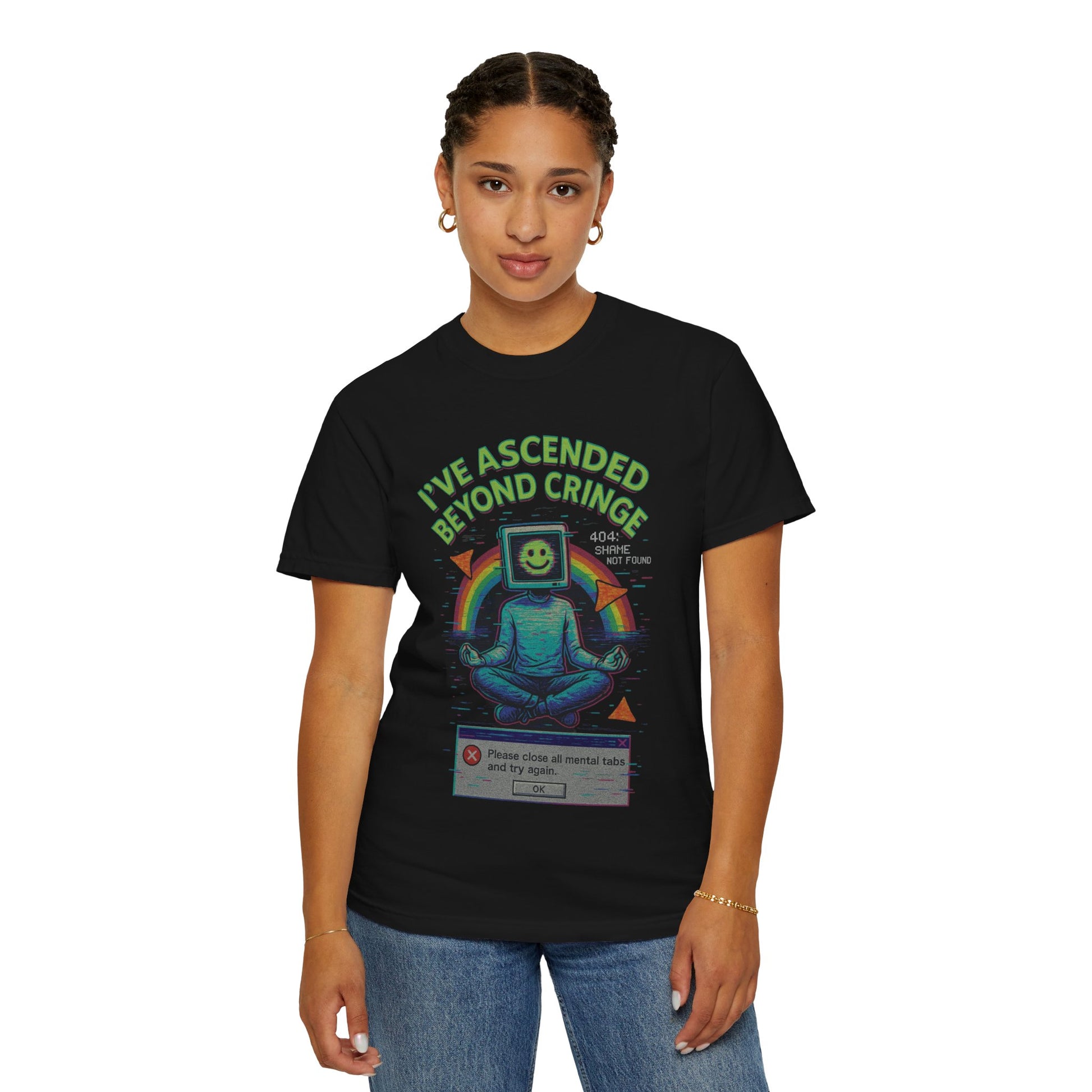 I've Ascended Beyond Cringe Y2K Aesthetic unisex t-shirt featuring a colorful graphic and relaxed fit style