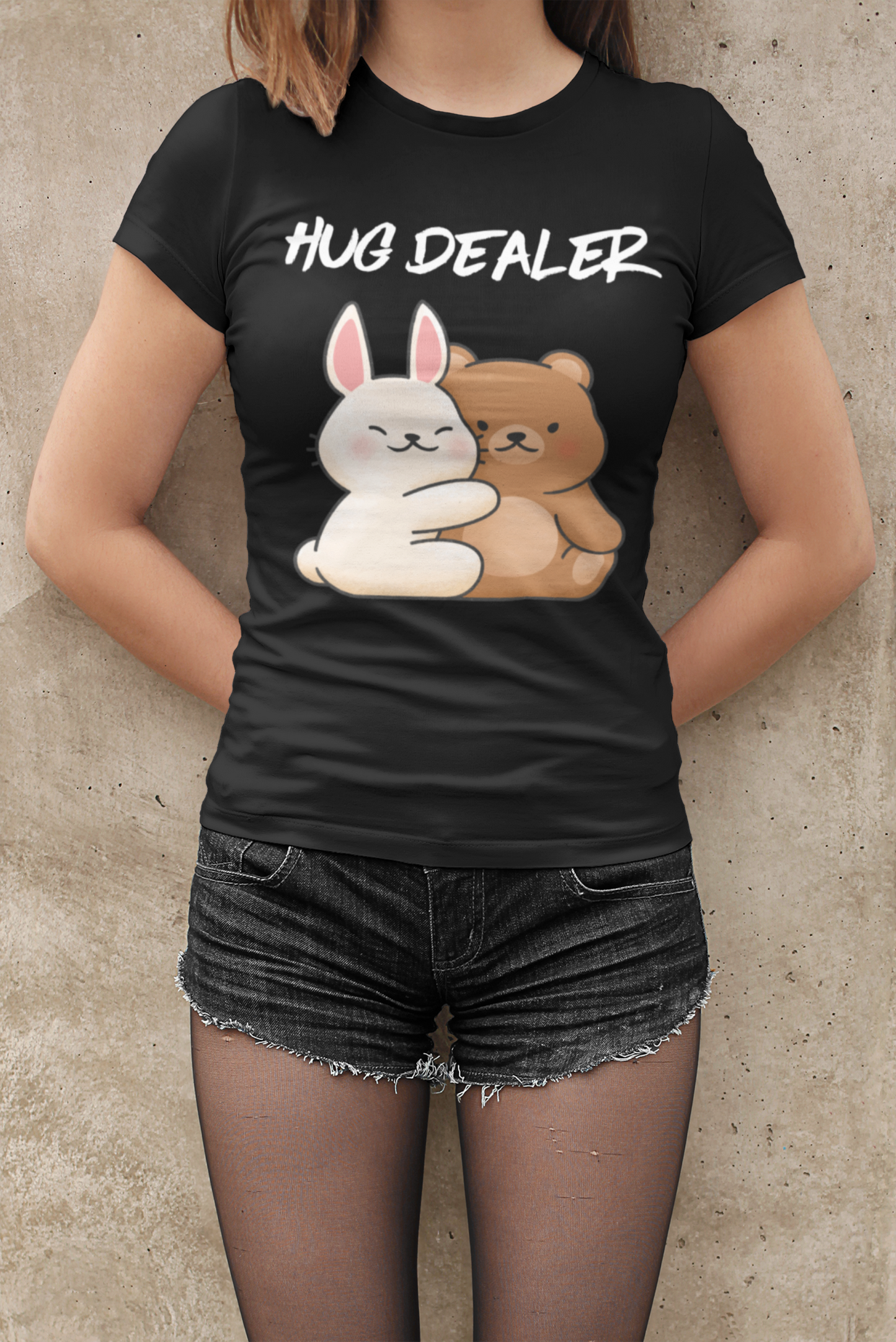 Printify black hug dealer kawaii t-shirt showing cute bunny and bear hugging on front