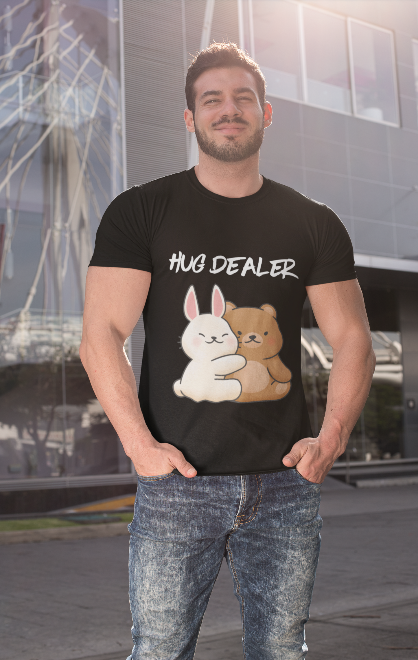 Male model wearing black hug dealer kawaii t-shirt showing cute bunny and bear hugging with HUG DEALER text front