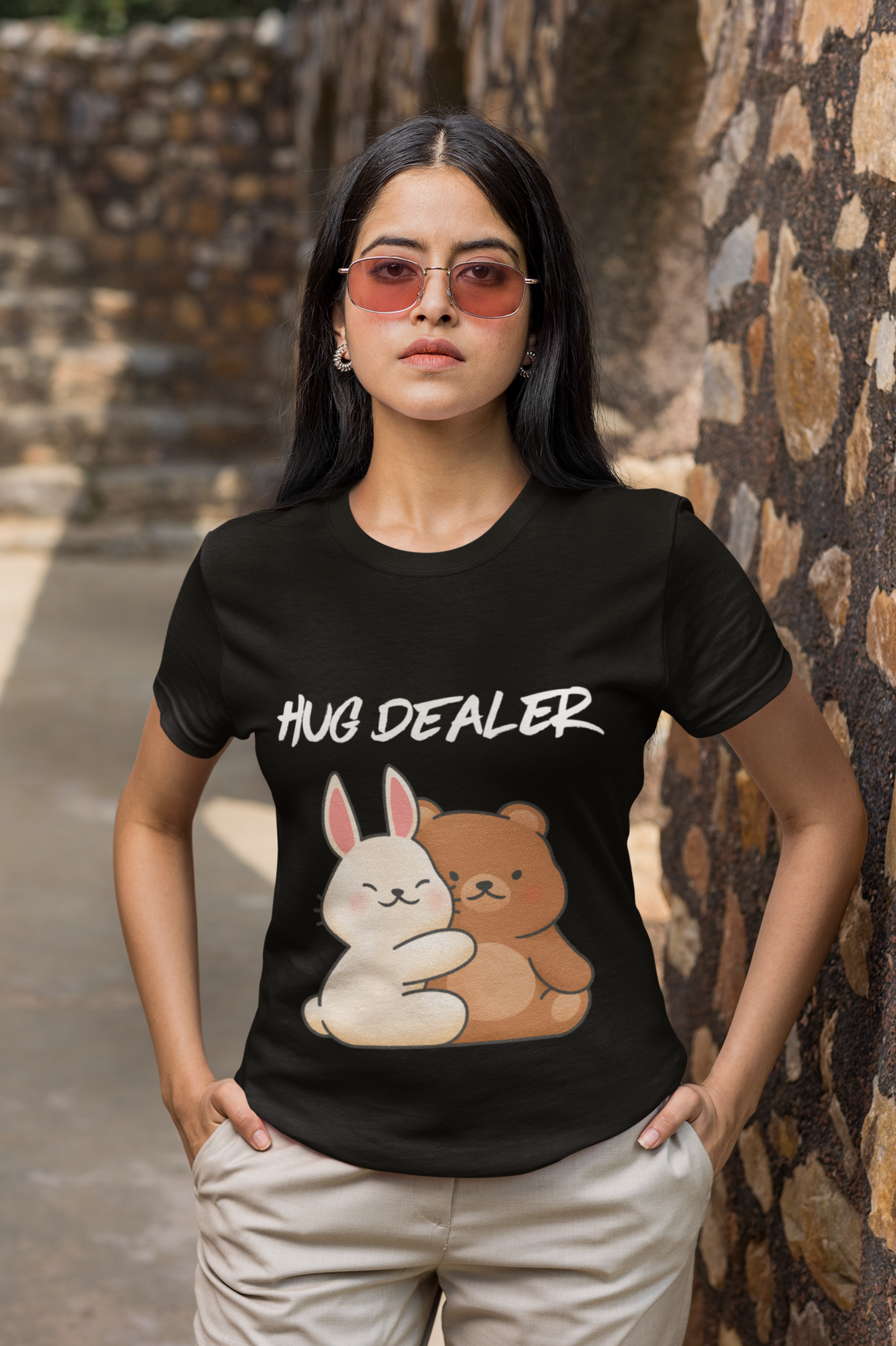 Printify black hug dealer kawaii t-shirt on woman model featuring cute hugging bunny and bear graphic