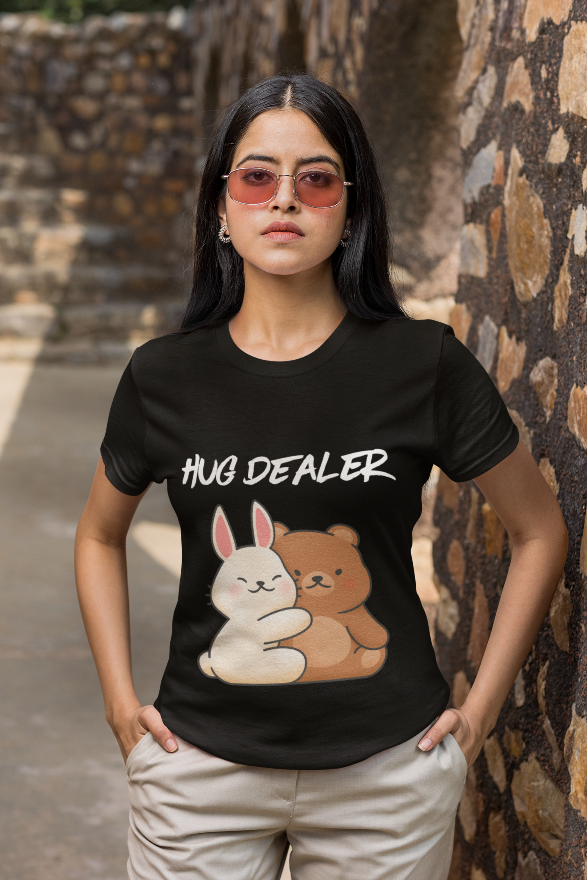 Printify black hug dealer kawaii t-shirt on woman model featuring cute hugging bunny and bear graphic