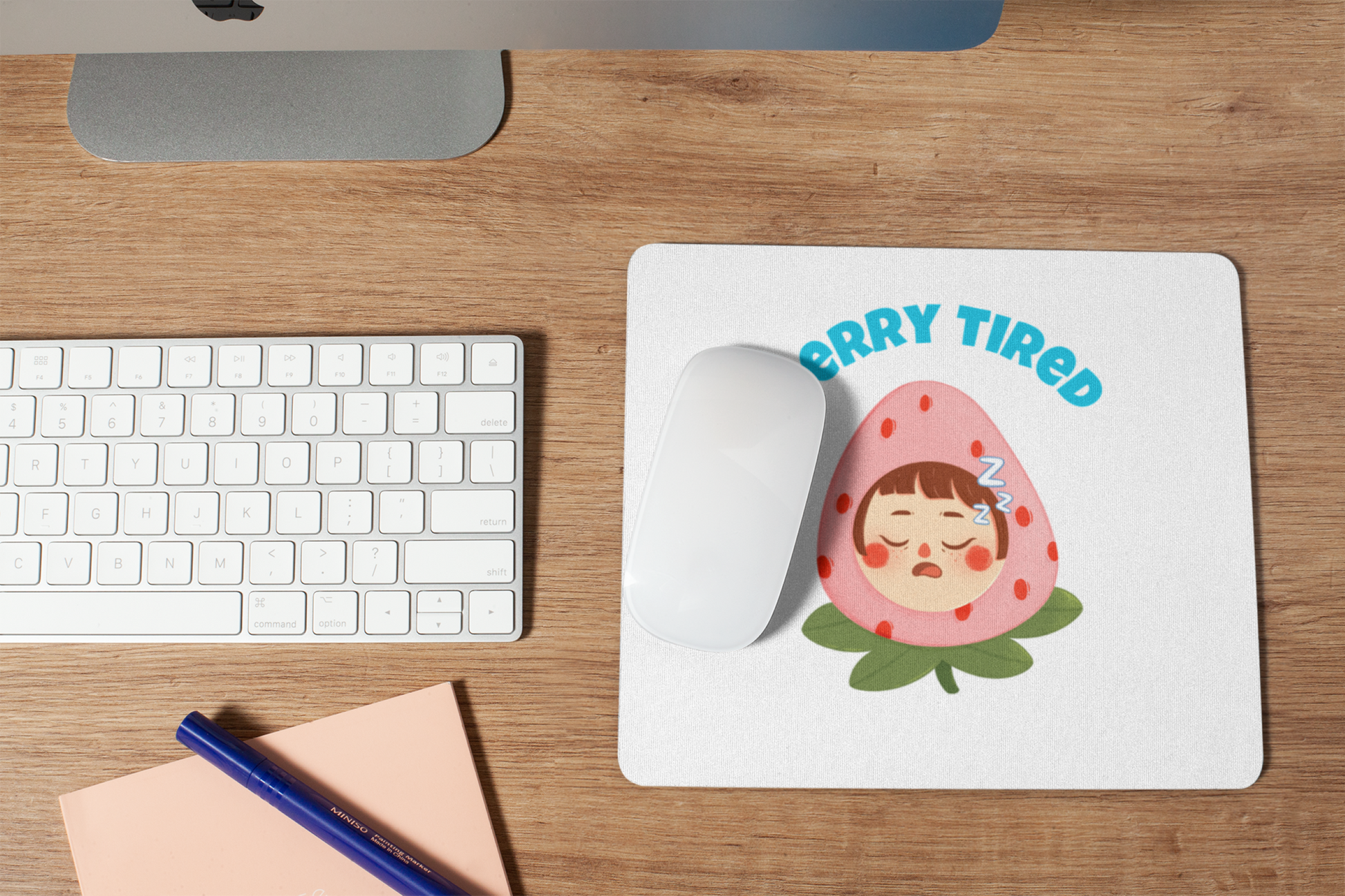 Printify cute cartoon pun berry tired  mouse pad featuring sleeping strawberry character on white desk