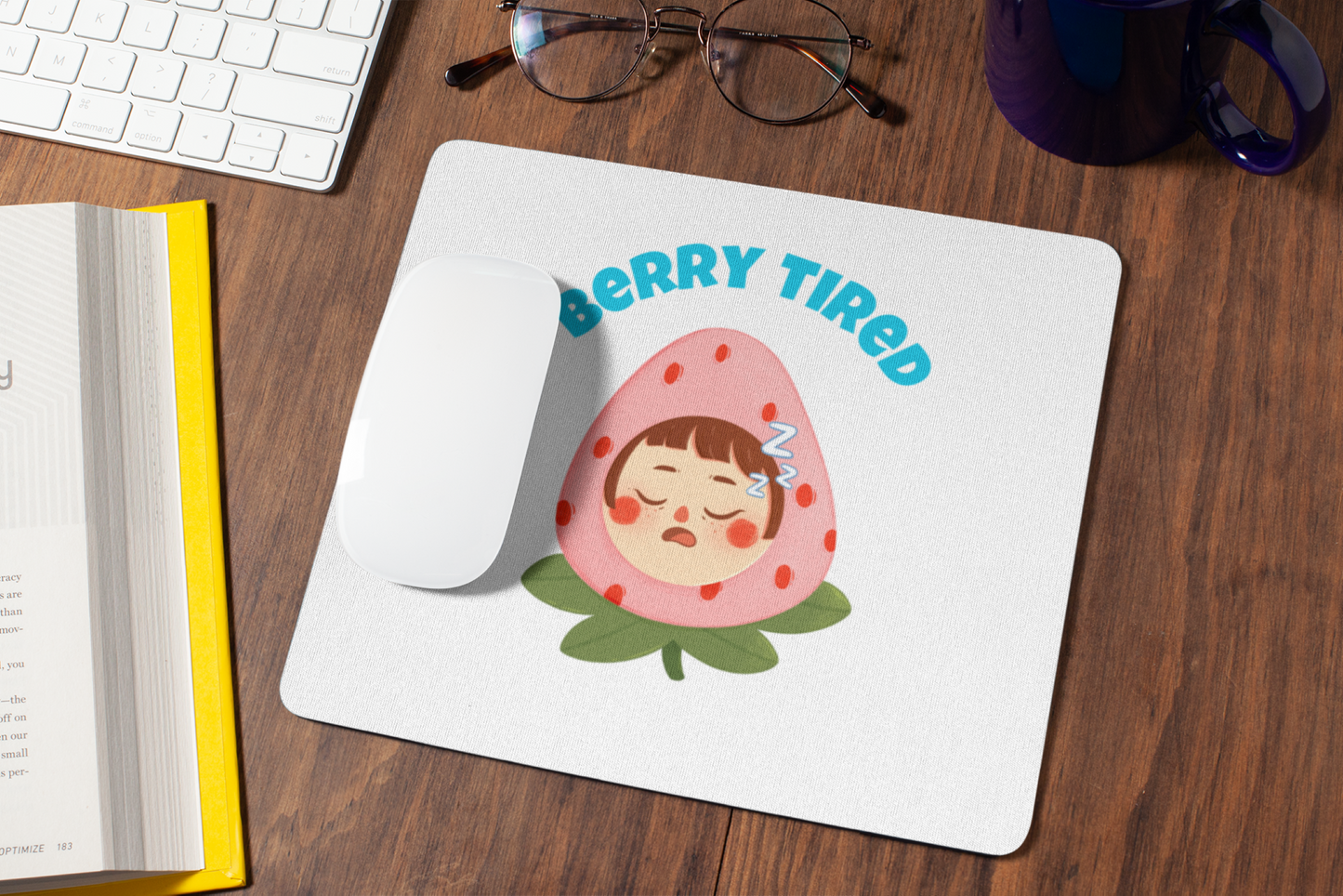 Printify cute cartoon pun berry tired  mouse pad with sleeping strawberry character on white background