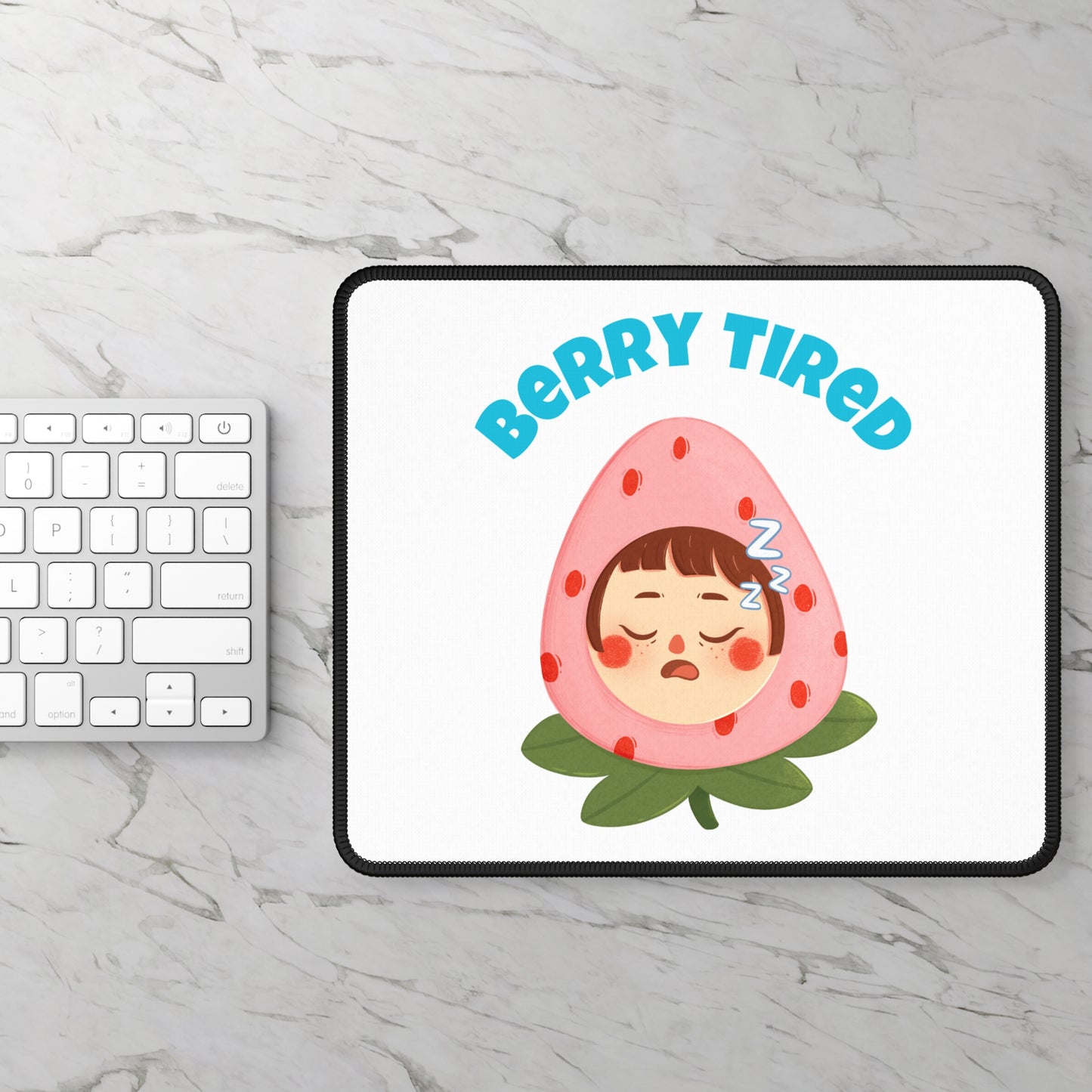 Printify home decor cute cartoon pun berry tired  mouse pad with sleeping strawberry character and blue text