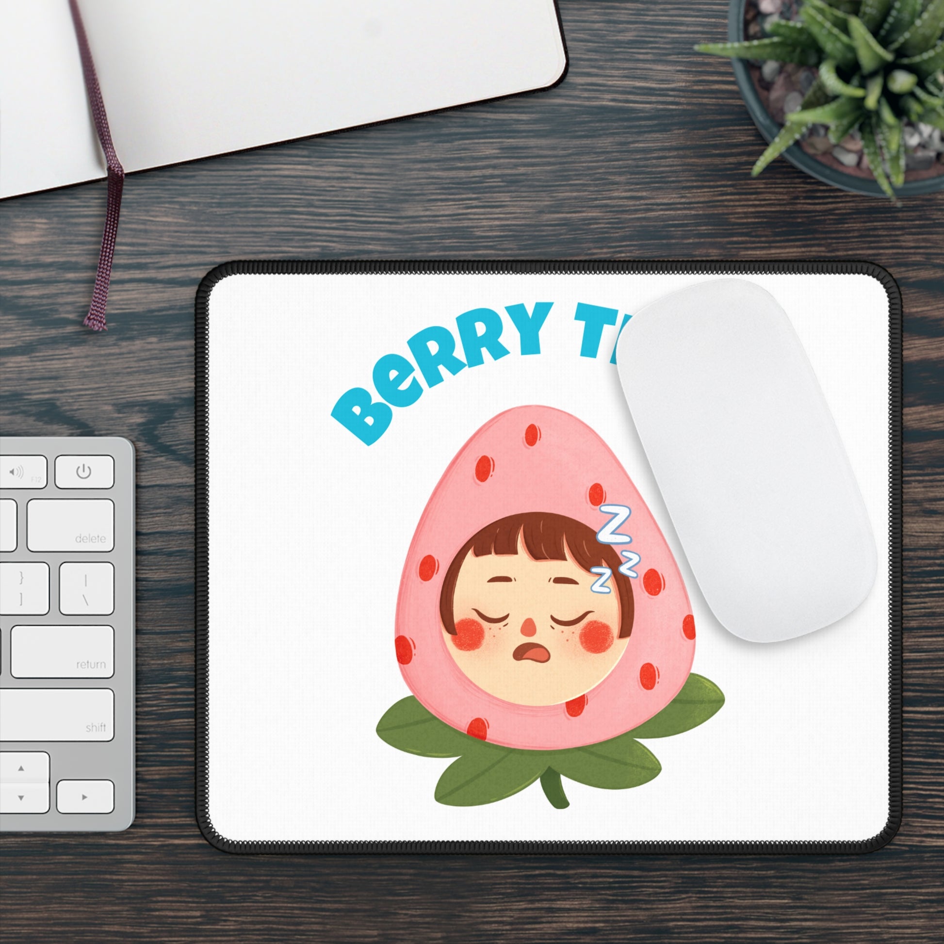 Printify cute cartoon pun berry tired  mouse pad featuring a sleeping strawberry face on white background