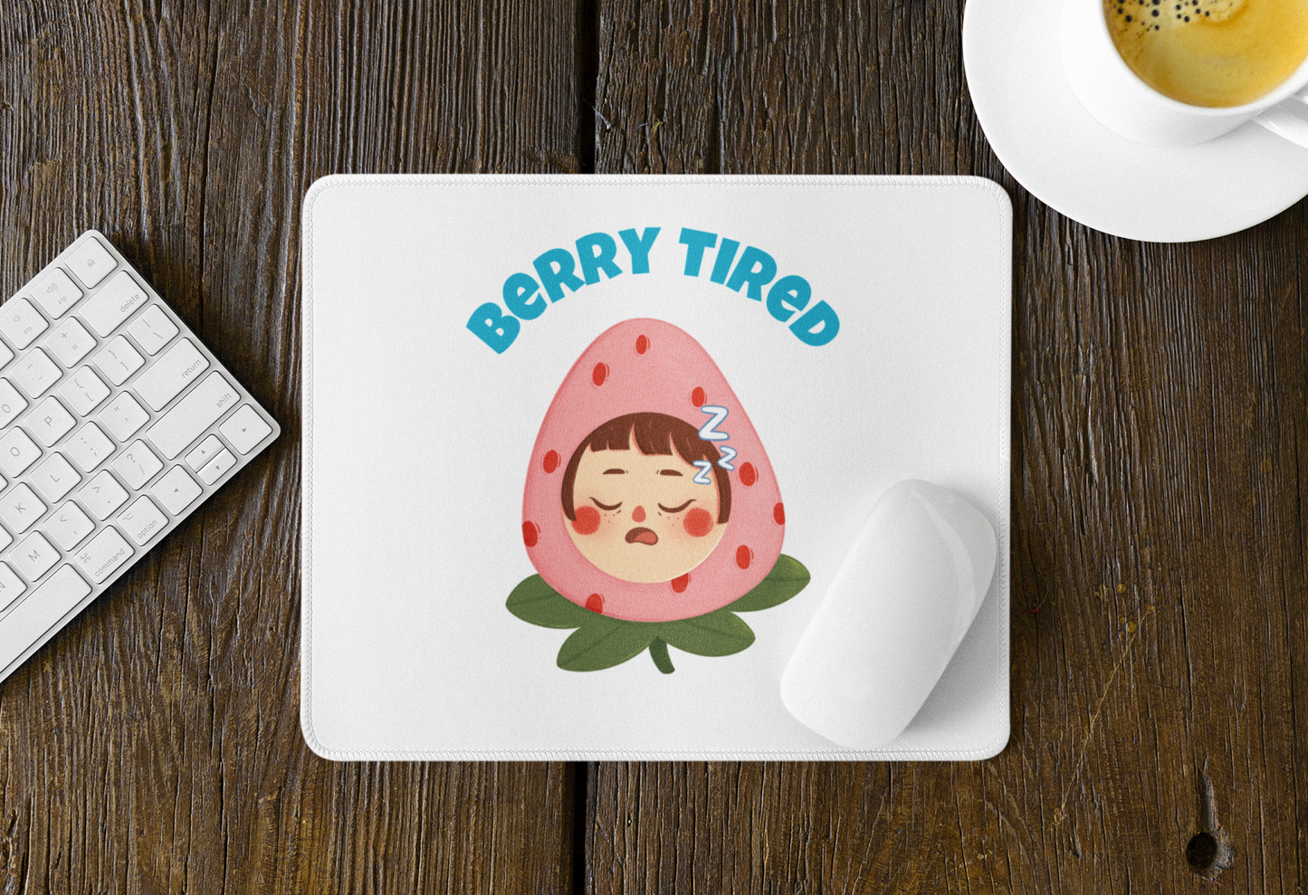 Printify home decor mouse pad featuring cute cartoon pun berry tired  mouse pad with sleeping strawberry girl on white mat