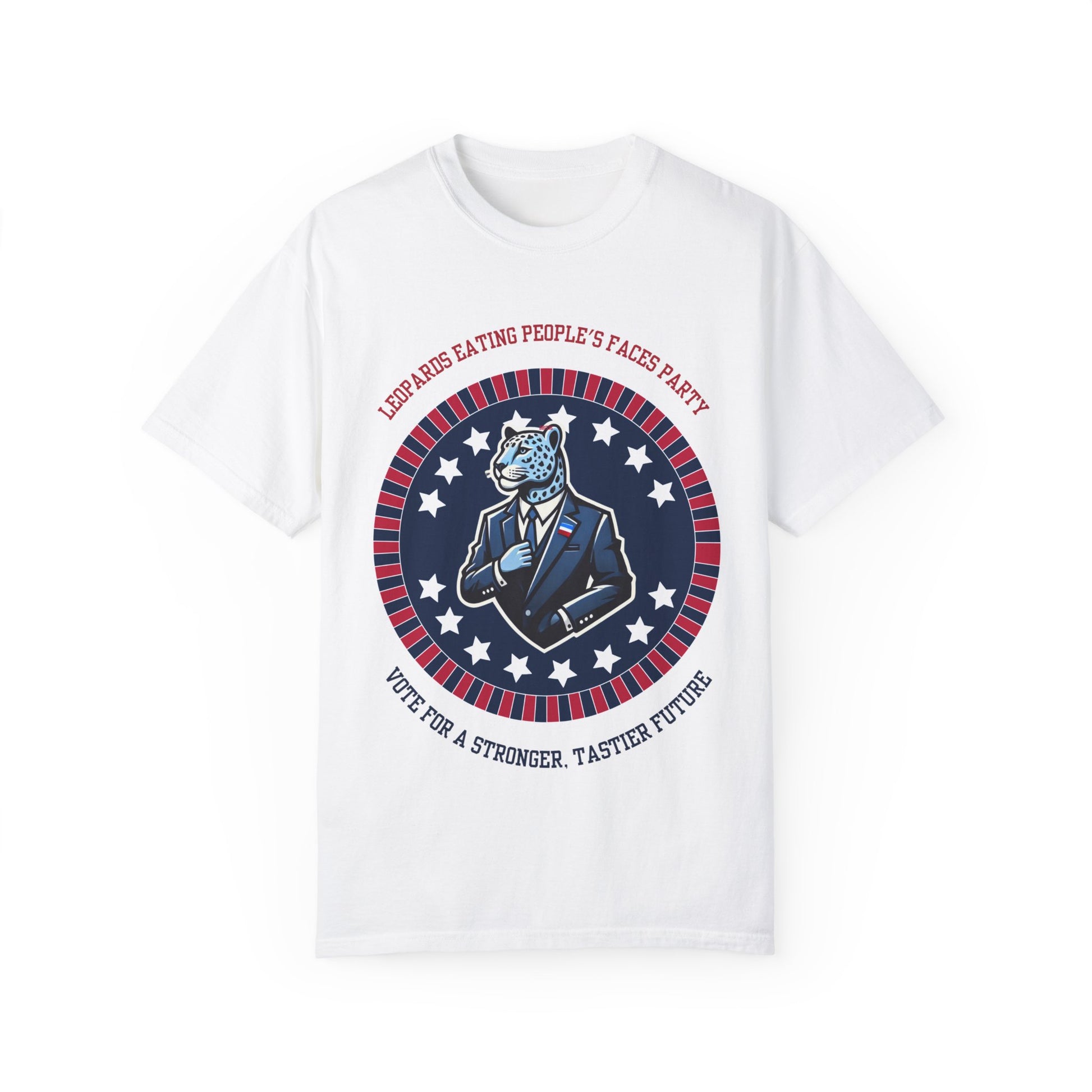 Printify white T-Shirt with patriotic emblem showing a suited leopard and text leopards eating people's faces political meme shirt