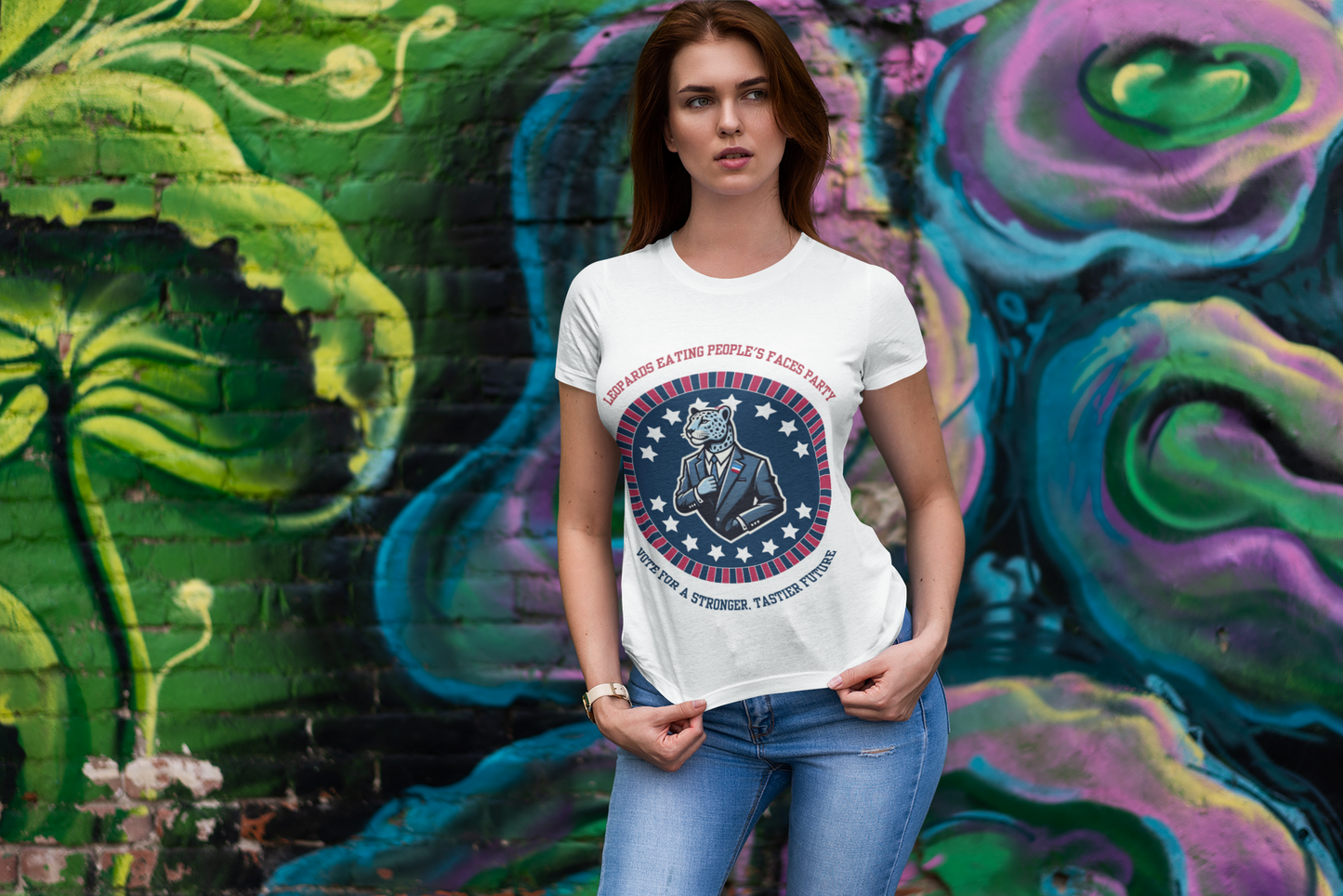 Printify T Shirt featuring leopards eating people's faces political meme shirt design worn by model against graffiti wall