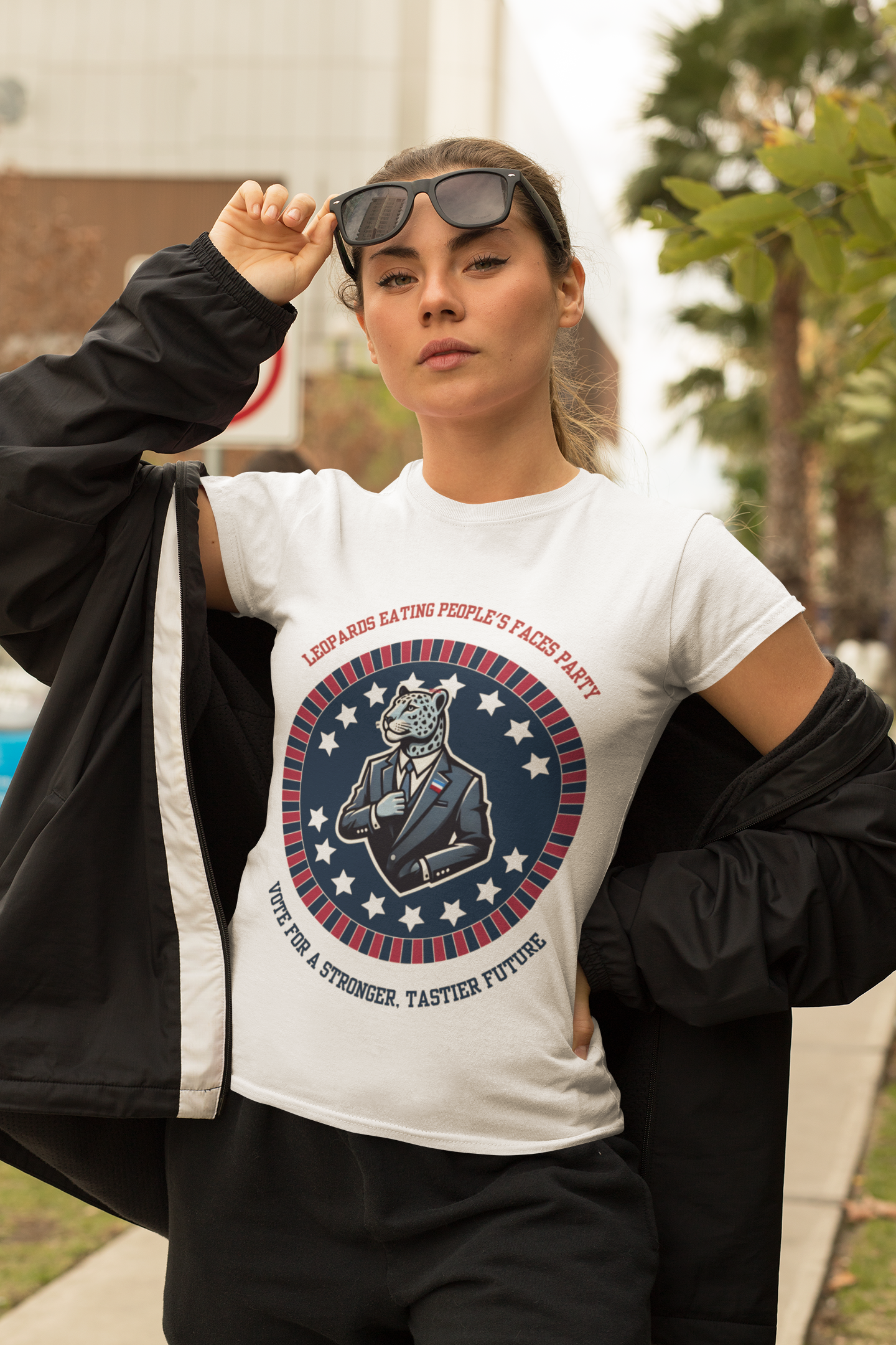 Woman modeling Printify T Shirt with leopards eating people's faces political meme shirt vintage campaign style design