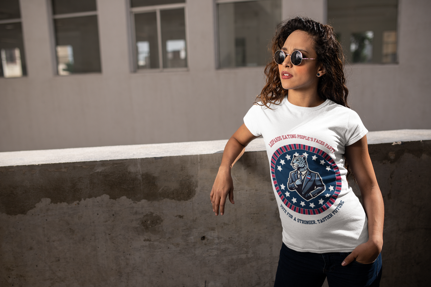 Printify T shirt mockup with satirical political emblem print and named leopards eating people's faces political meme shirt