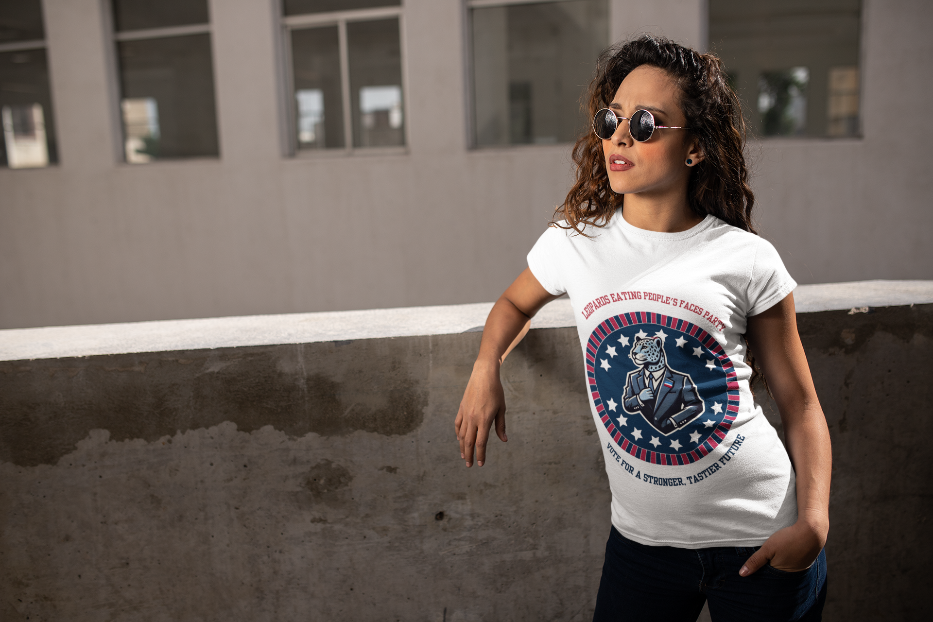 Printify T shirt mockup with satirical political emblem print and named leopards eating people's faces political meme shirt