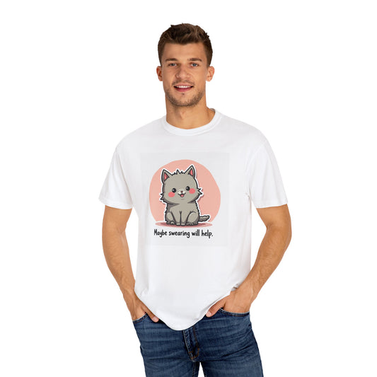Printify white T shirt with gray cartoon cat on pink circle and text cute cat maybe swearing will help shirt