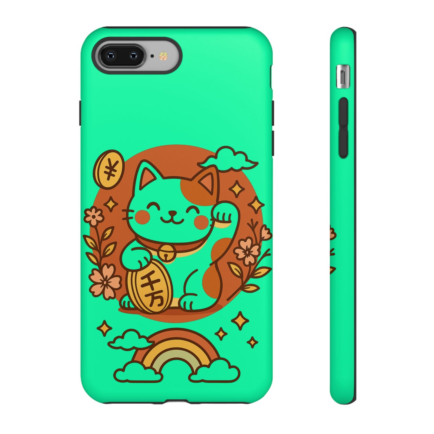 Printify japanese kawaii lucky cat phone case turquoise maneki neko waving paw with coin and rainbow