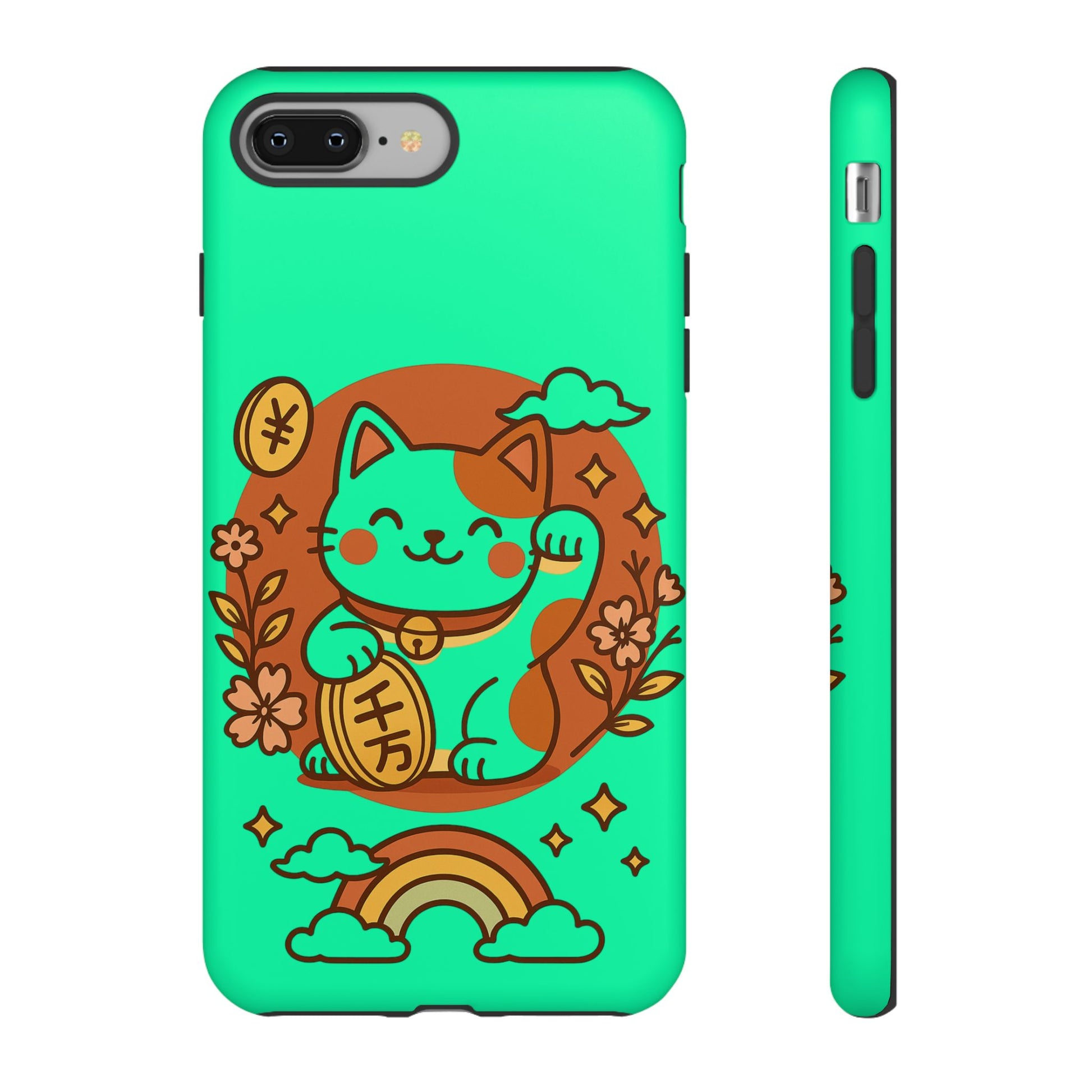 Printify japanese kawaii lucky cat phone case turquoise maneki neko waving paw with coin and rainbow