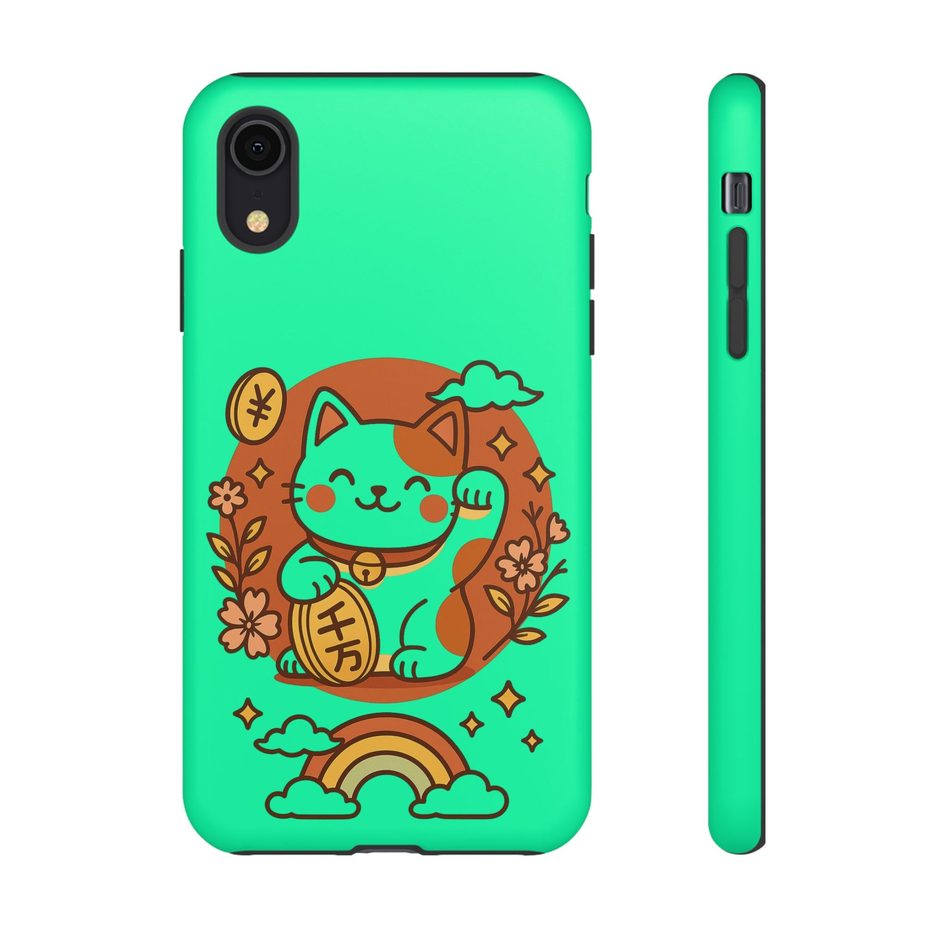 Printify japanese kawaii lucky cat phone case teal cover with waving maneki neko holding coin flowers rainbow