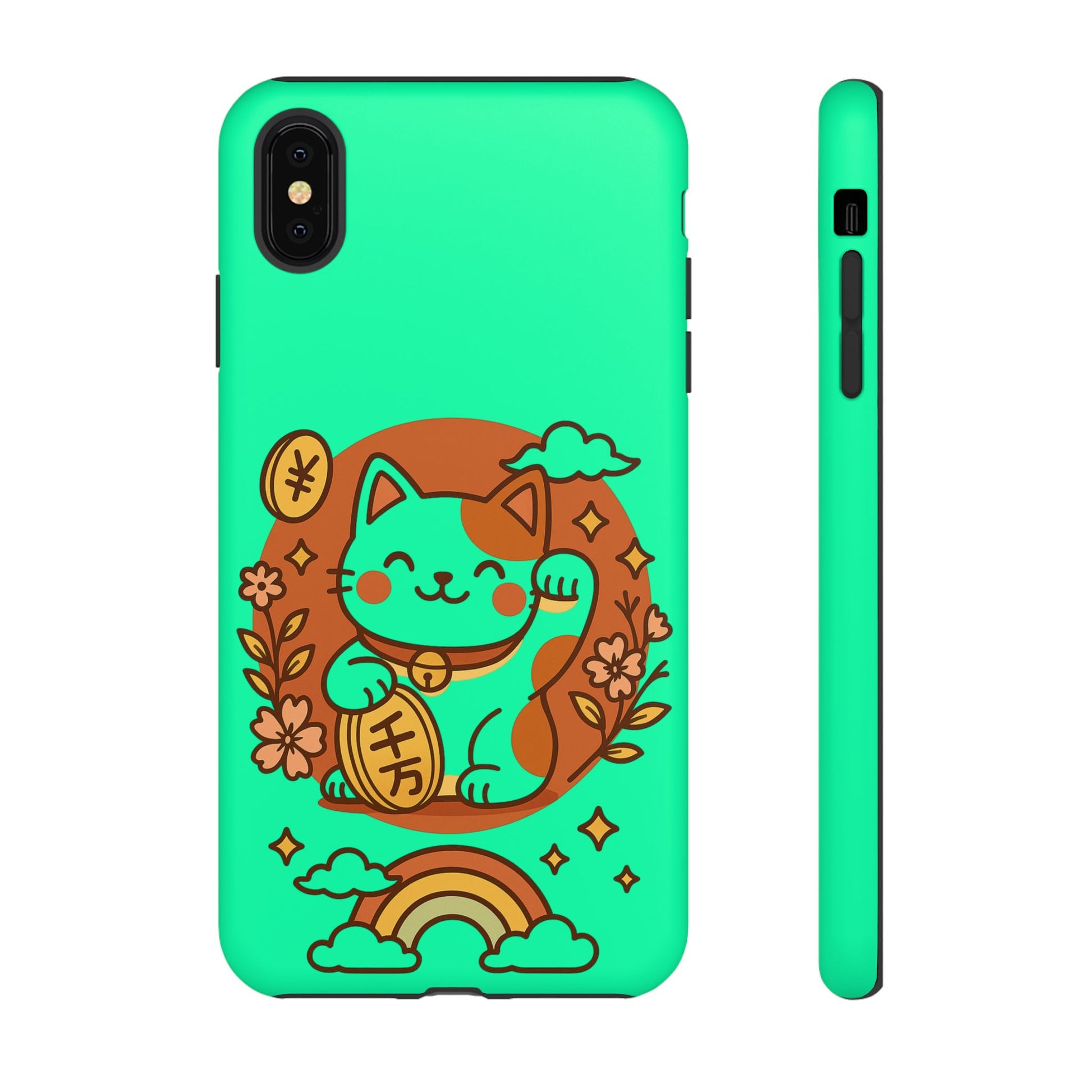 japanese kawaii lucky cat phone case mint green Printify case with waving maneki neko floral rainbow design