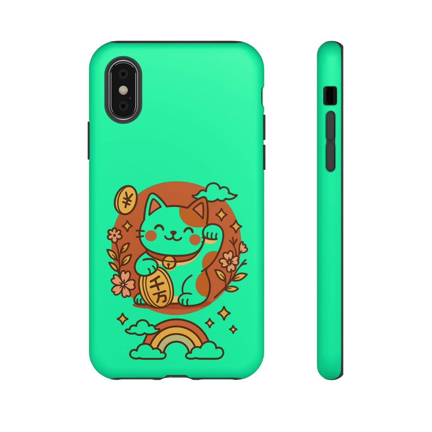 japanese kawaii lucky cat phone case mint green protective Printify case with maneki neko coin flowers and rainbow