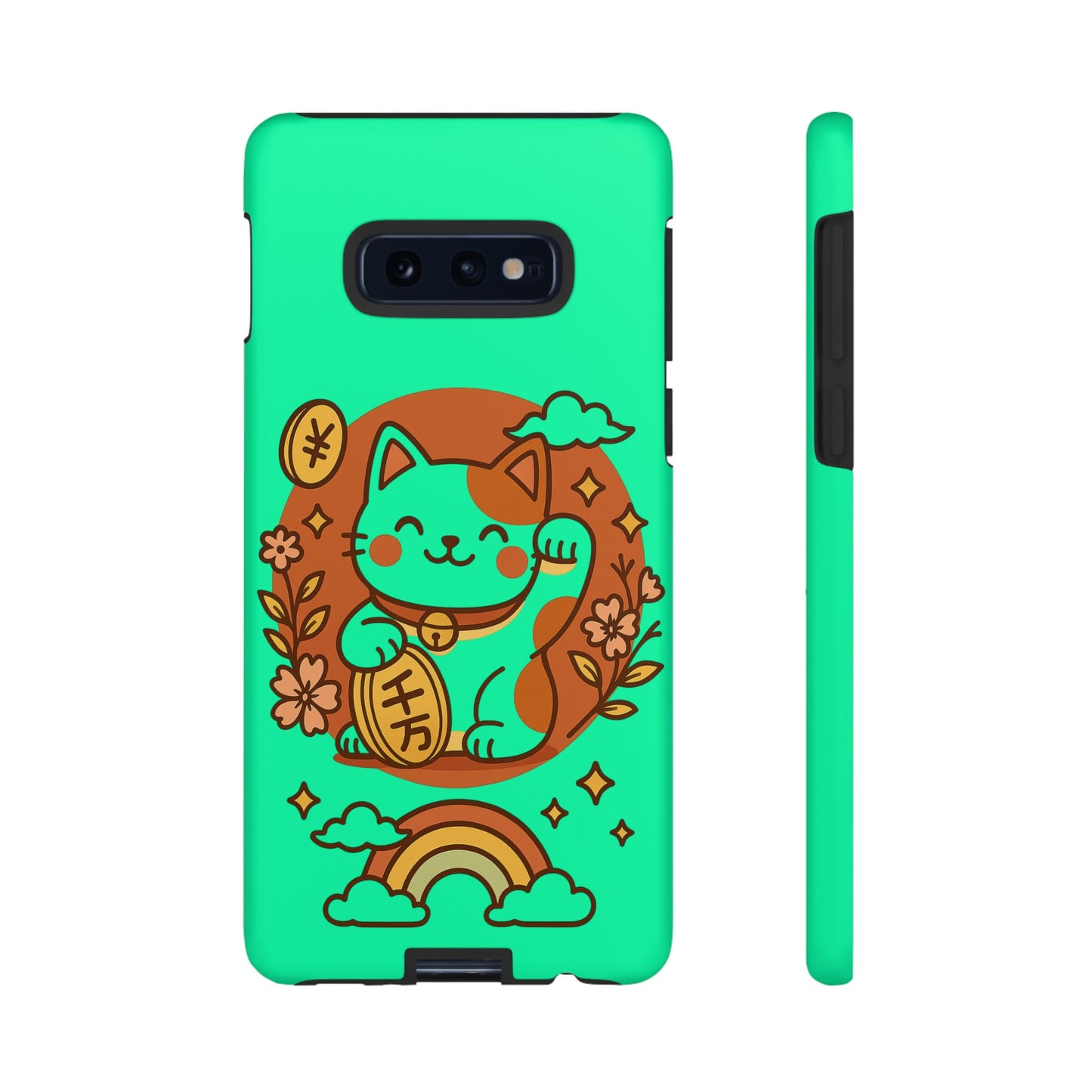 Printify japanese kawaii lucky cat phone case turquoise protective snap on cover with waving maneki neko design