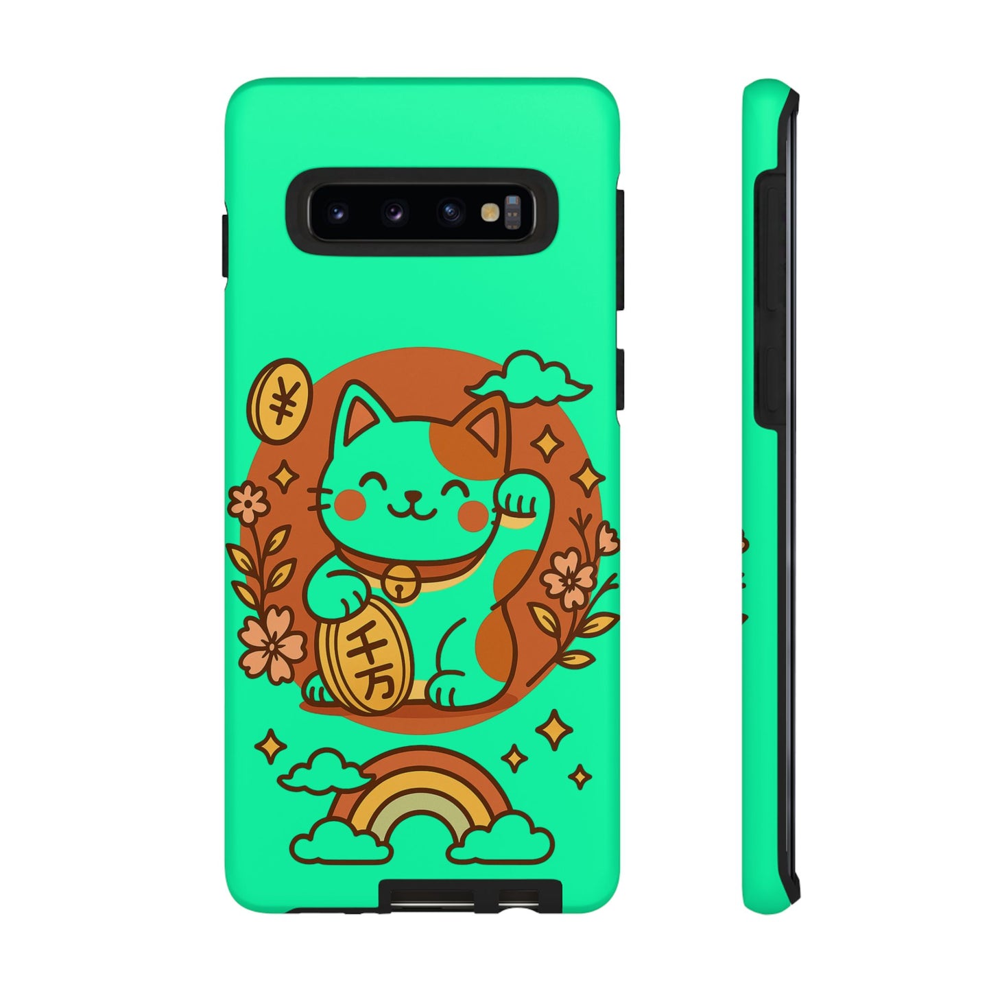 Printify teal protective phone case featuring japanese kawaii lucky cat phone case design with coin and rainbow