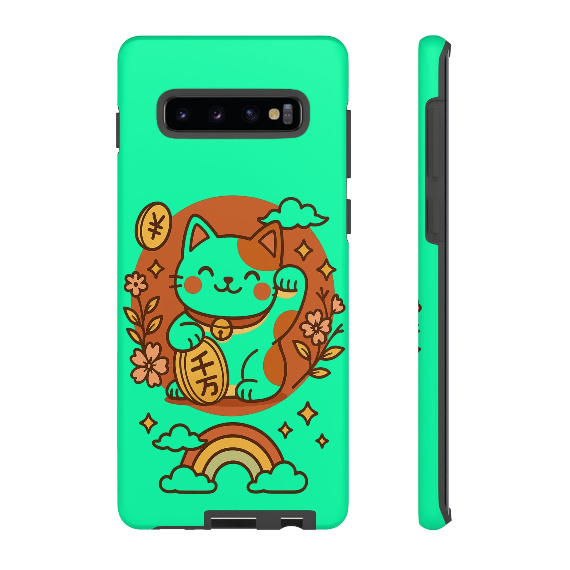 Teal phone case featuring japanese kawaii lucky cat phone case design with rainbow flowers and gold coin