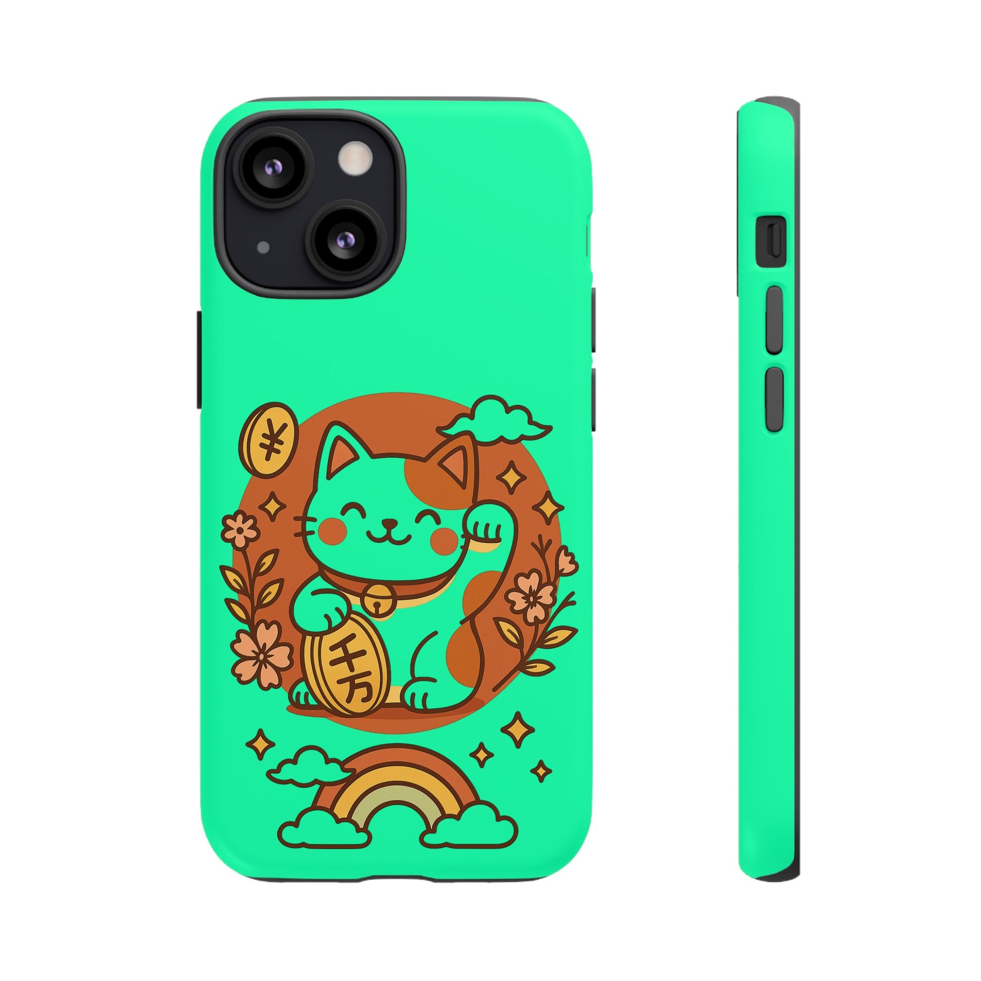 Printify japanese kawaii lucky cat phone case mint green with waving maneki neko rainbow and floral design