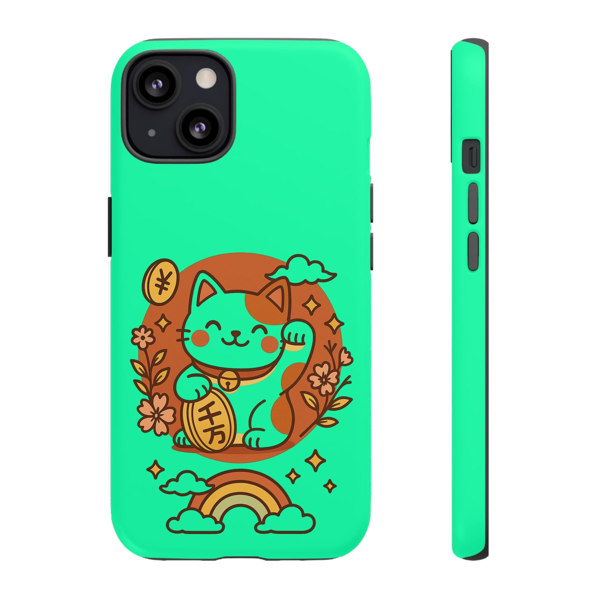 Printify japanese kawaii lucky cat phone case mint green soft shell with waving Maneki Neko and rainbow