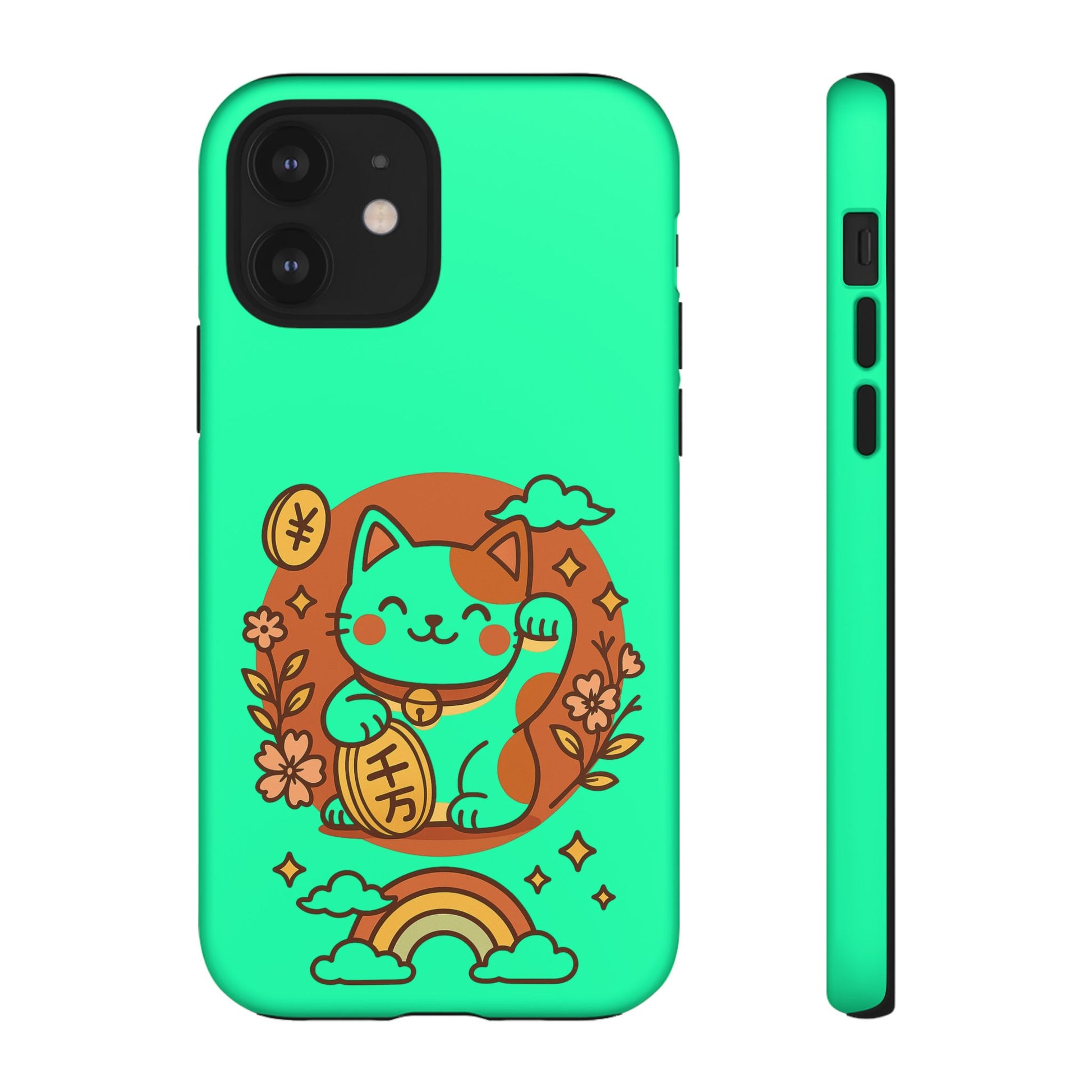 Printify mint green japanese kawaii lucky cat phone case with smiling maneki neko rainbow and floral design