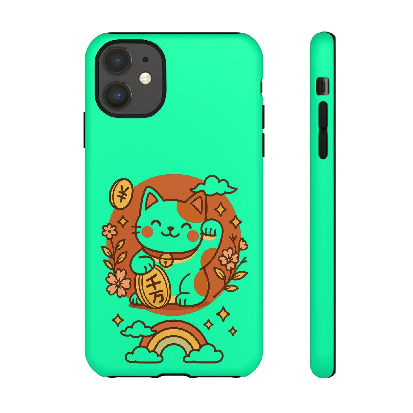Teal protective phone case with smiling maneki neko floral motifs rainbow accent japanese kawaii lucky cat phone case