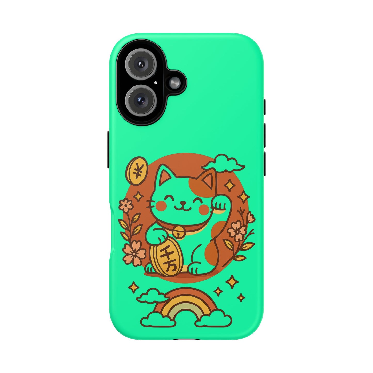 Mint green Printify phone cover featuring japanese kawaii lucky cat phone case design with rainbow flowers and coin
