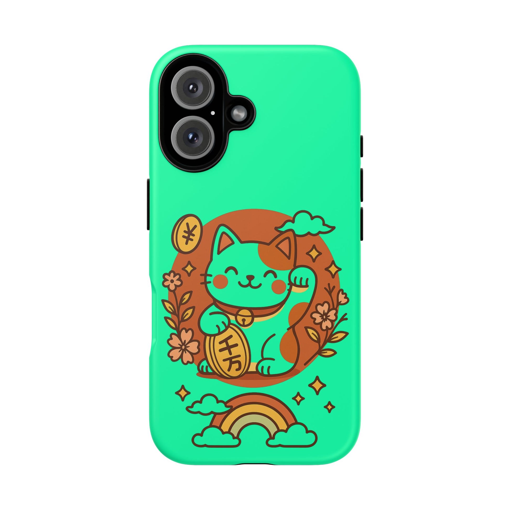 Mint green Printify phone cover featuring japanese kawaii lucky cat phone case design with rainbow flowers and coin
