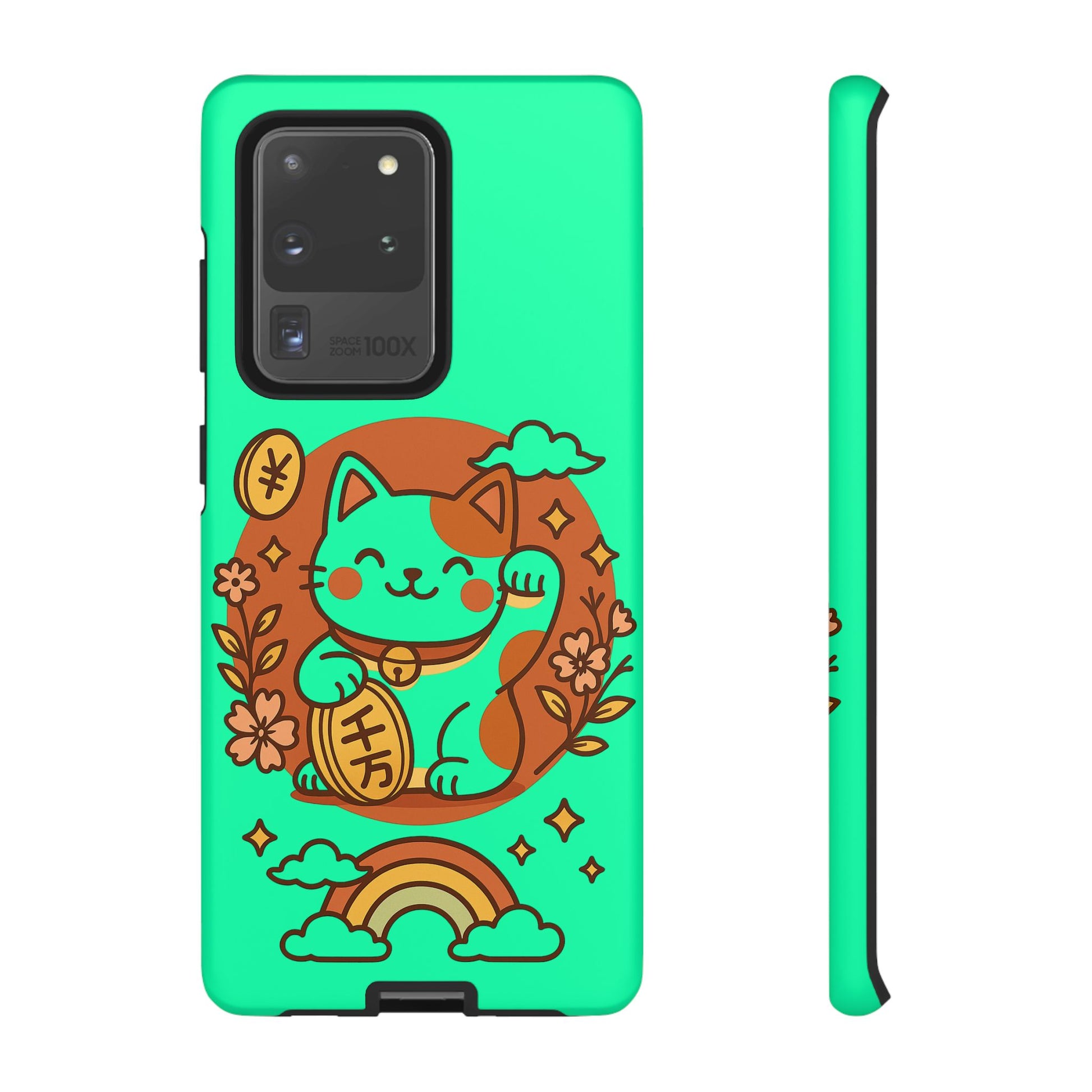 Mint green Printify phone case featuring a japanese kawaii lucky cat phone case design with waving cat coin flowers rainbow