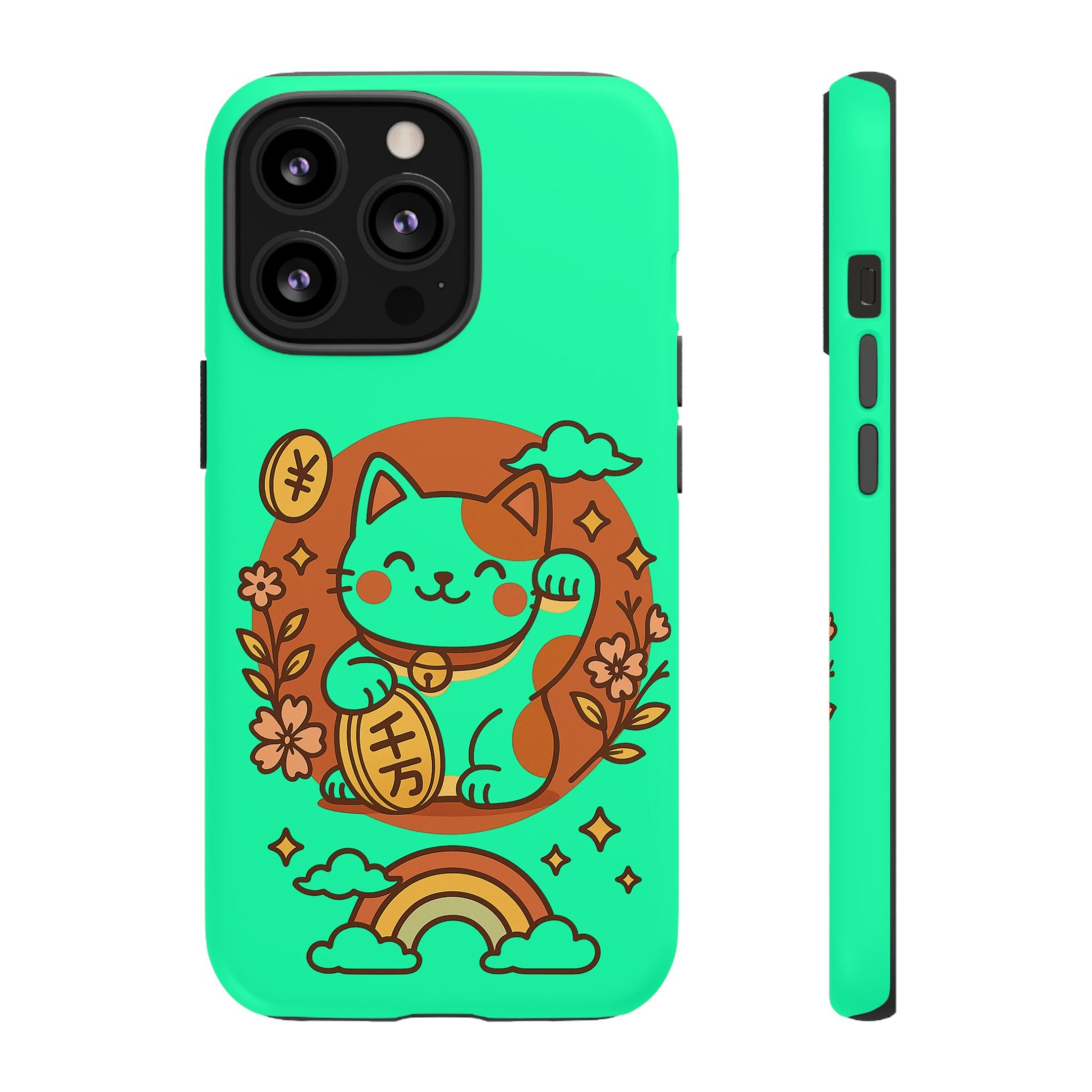 Printify japanese kawaii lucky cat phone case in mint green with waving maneki neko holding coin and flowers