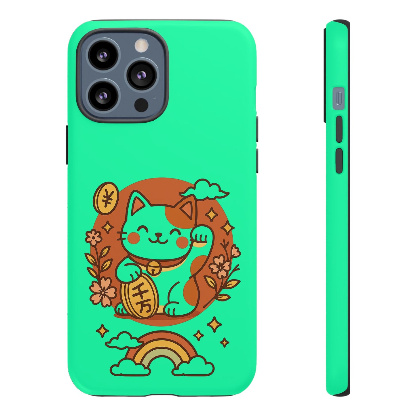 Printify japanese kawaii lucky cat phone case mint green with waving maneki neko coin flowers and rainbow