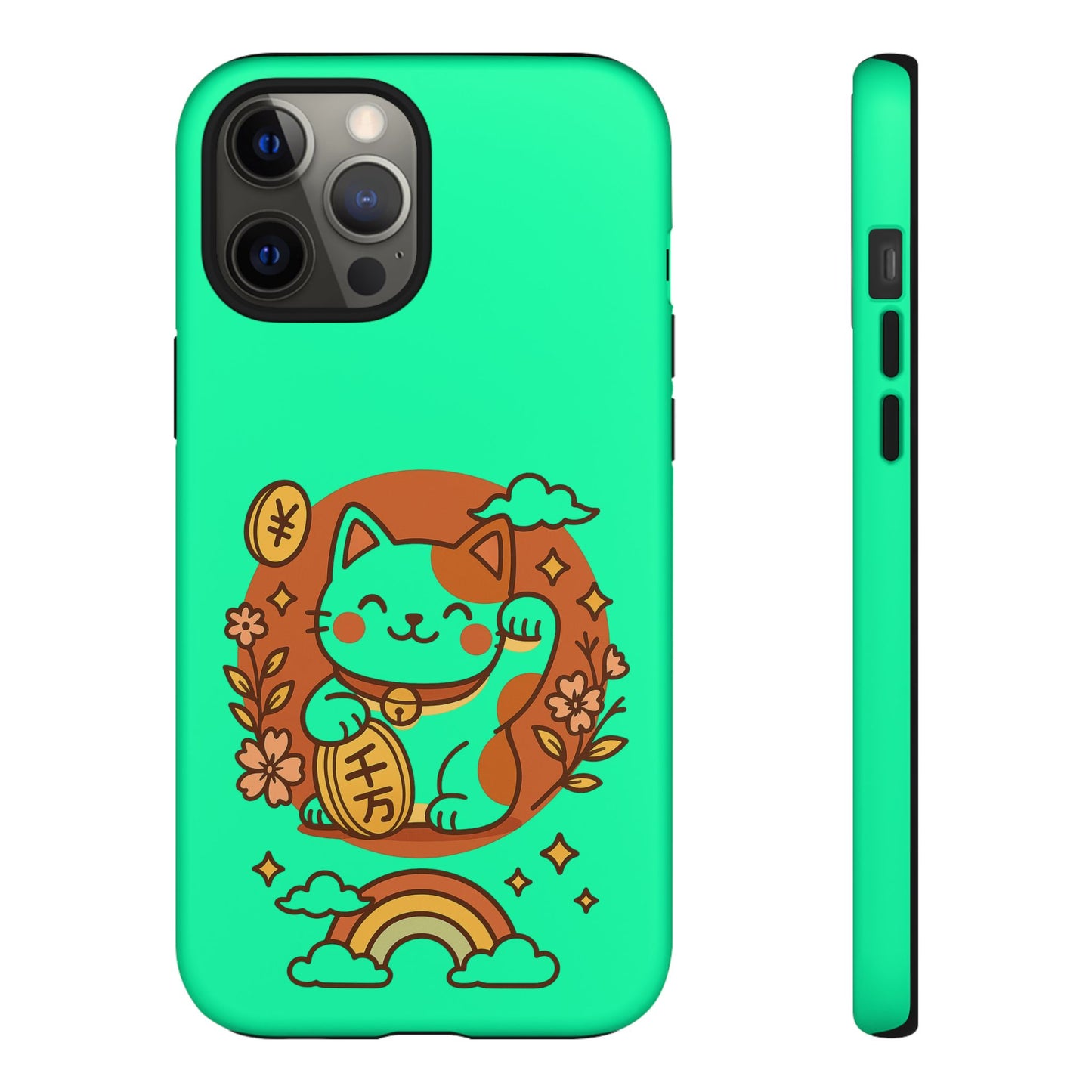 Mint green Printify phone case featuring a japanese kawaii lucky cat phone case design with rainbow and floral accents for iPhone