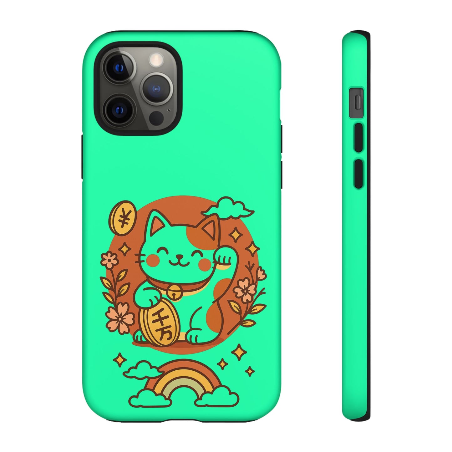 Printify japanese kawaii lucky cat phone case in mint green featuring smiling maneki neko with coin flowers and rainbow