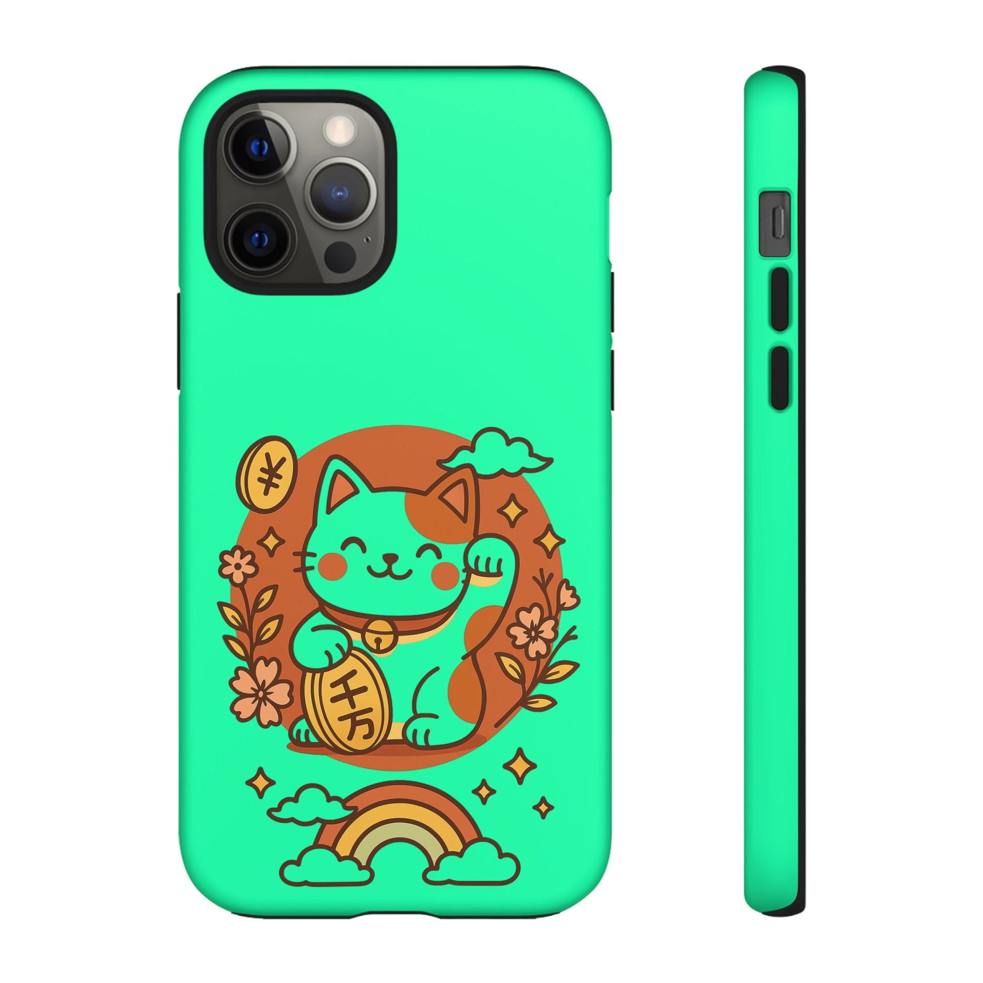 Printify japanese kawaii lucky cat phone case in mint green featuring smiling maneki neko with coin flowers and rainbow