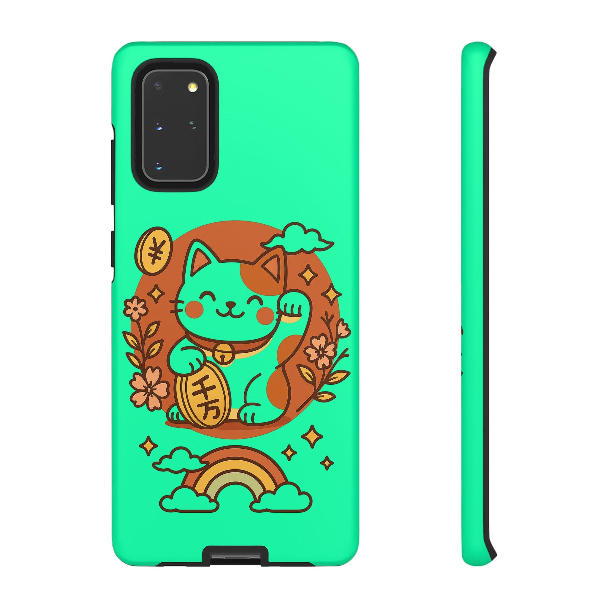 japanese kawaii lucky cat phone case mint green cover with smiling maneki neko, coin, flowers and rainbow