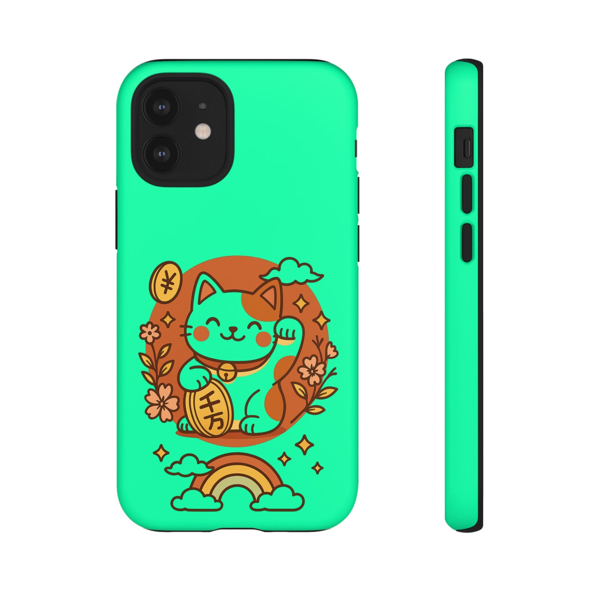 Printify japanese kawaii lucky cat phone case mint green slim protective case with waving maneki neko and rainbow