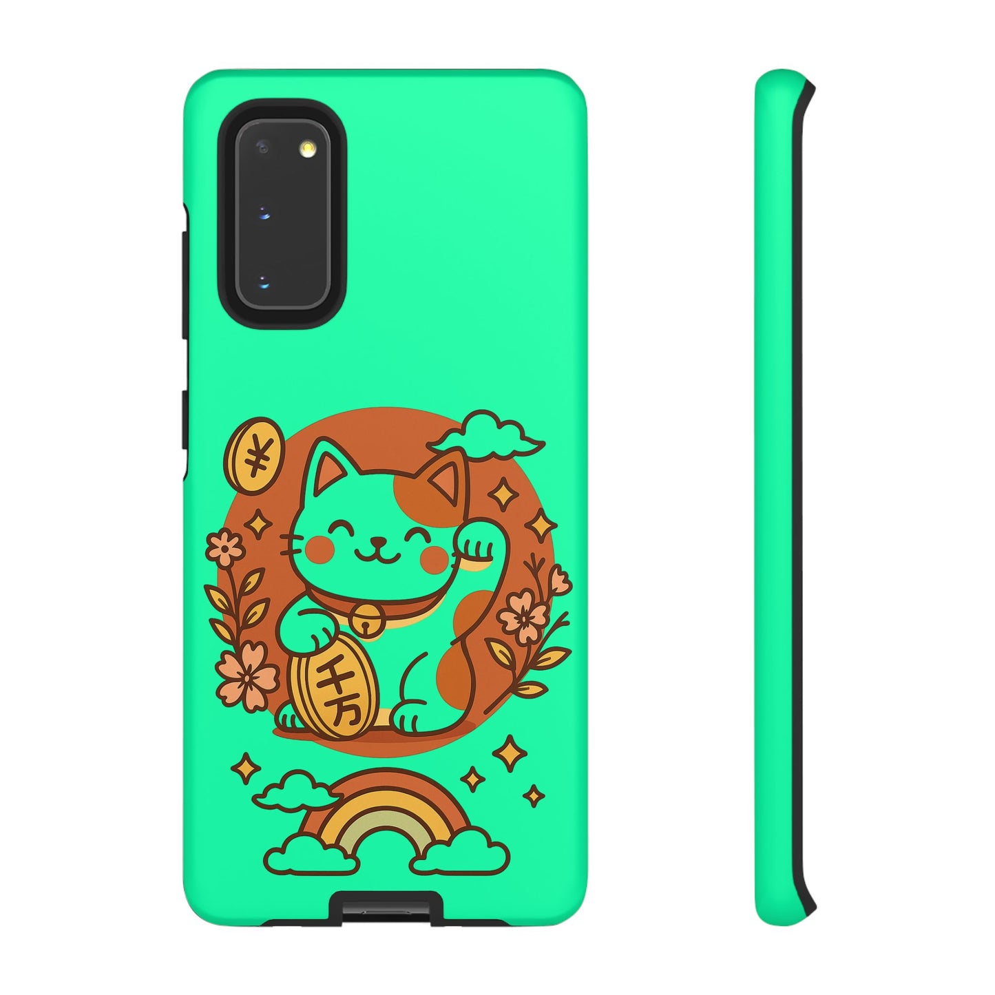 Printify mint green phone case featuring japanese kawaii lucky cat phone case design with rainbow flowers coin