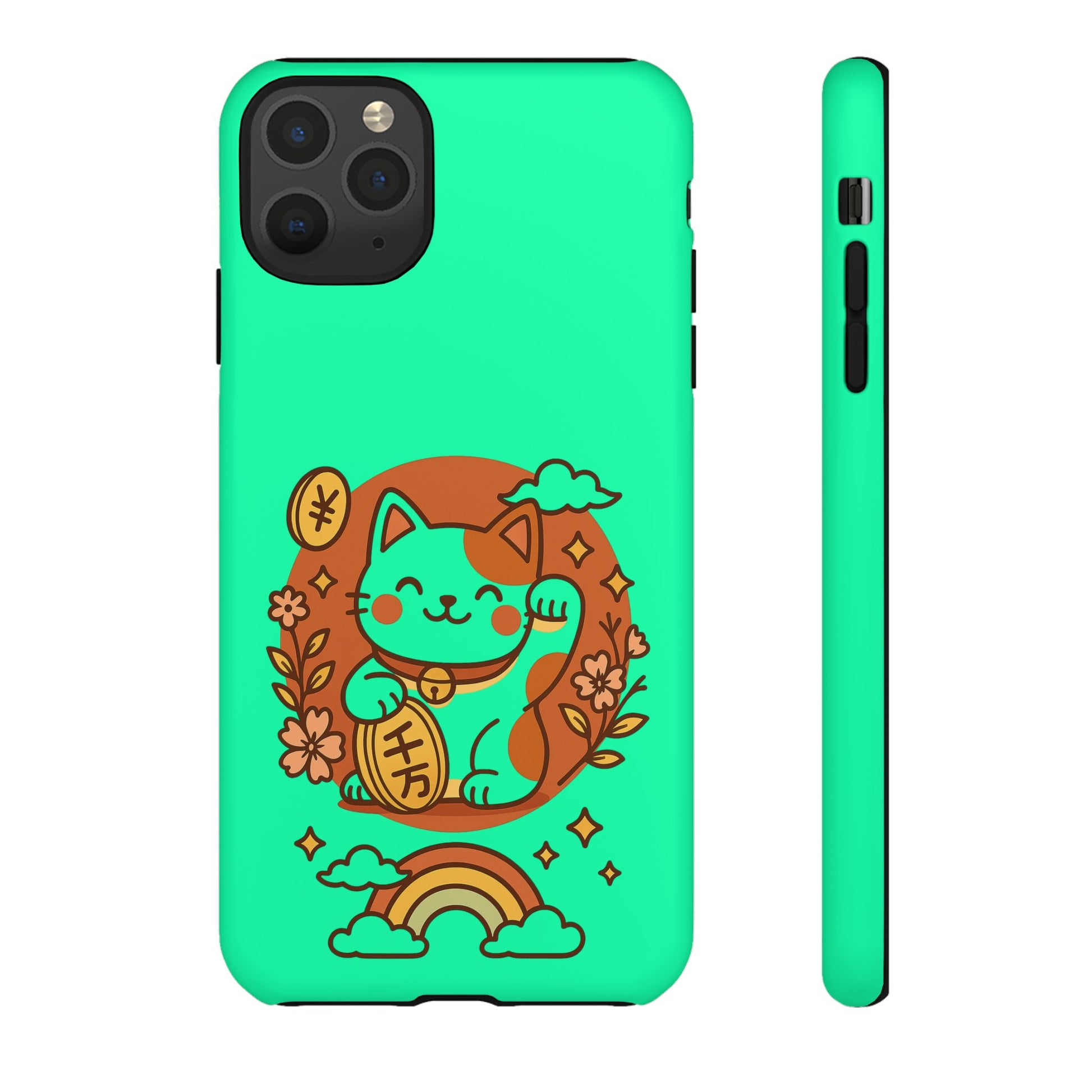 Printify mint green phone case with japanese kawaii lucky cat phone case art showing waving cat with coin flowers and rainbow