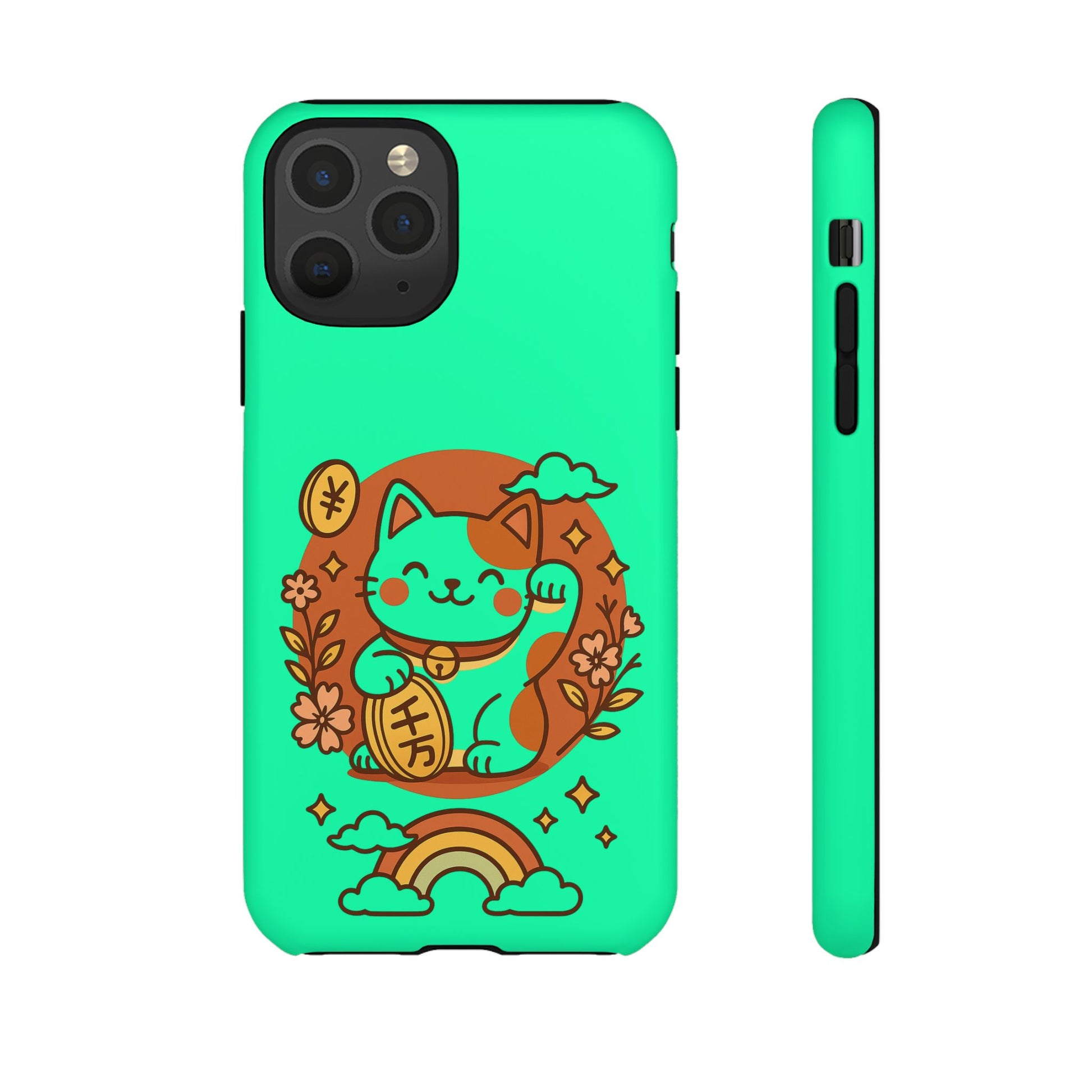 Printify mint japanese kawaii lucky cat phone case featuring smiling maneki neko holding coin with floral and rainbow accents
