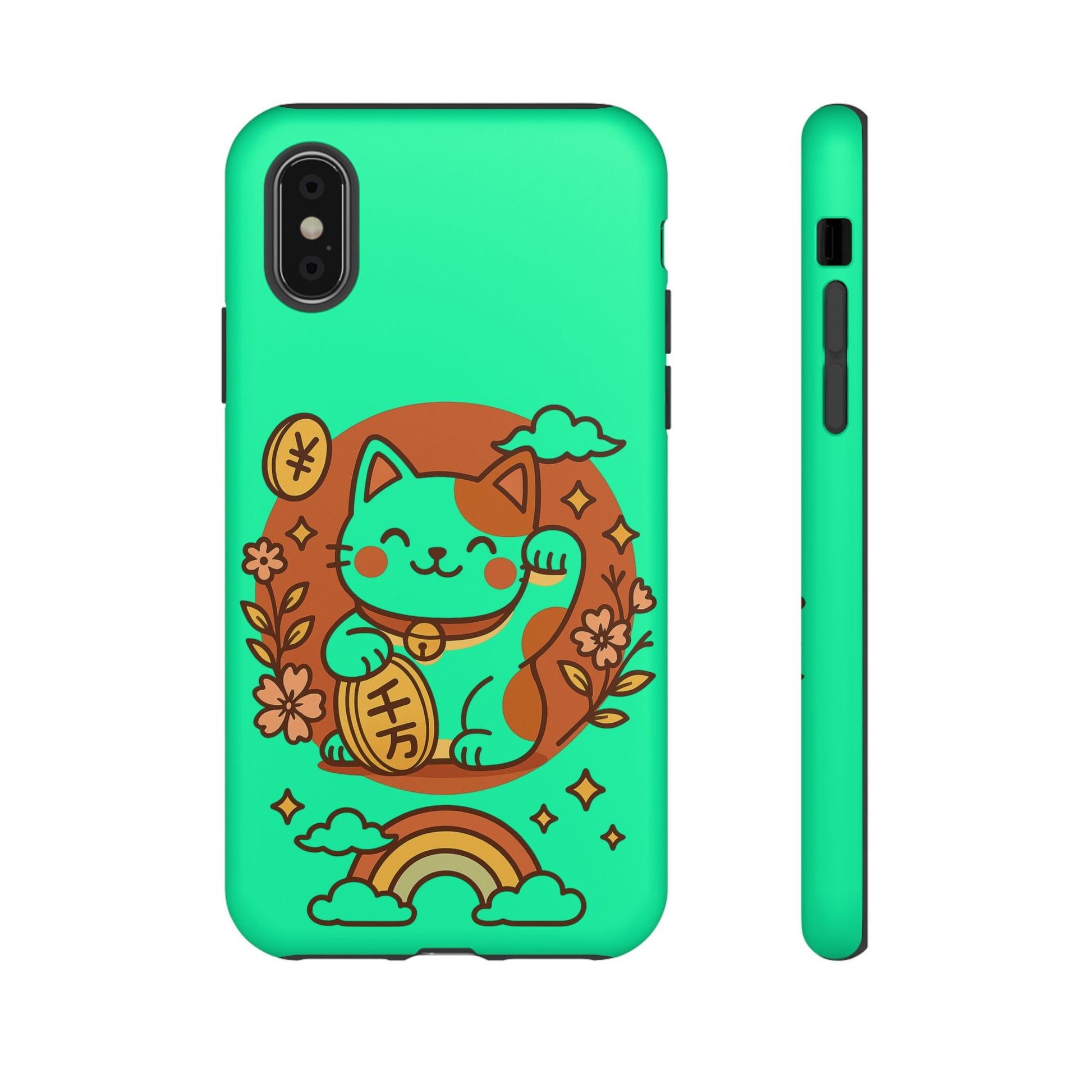 Printify mint green phone case with japanese kawaii lucky cat phone case design showing waving maneki neko coin and rainbow