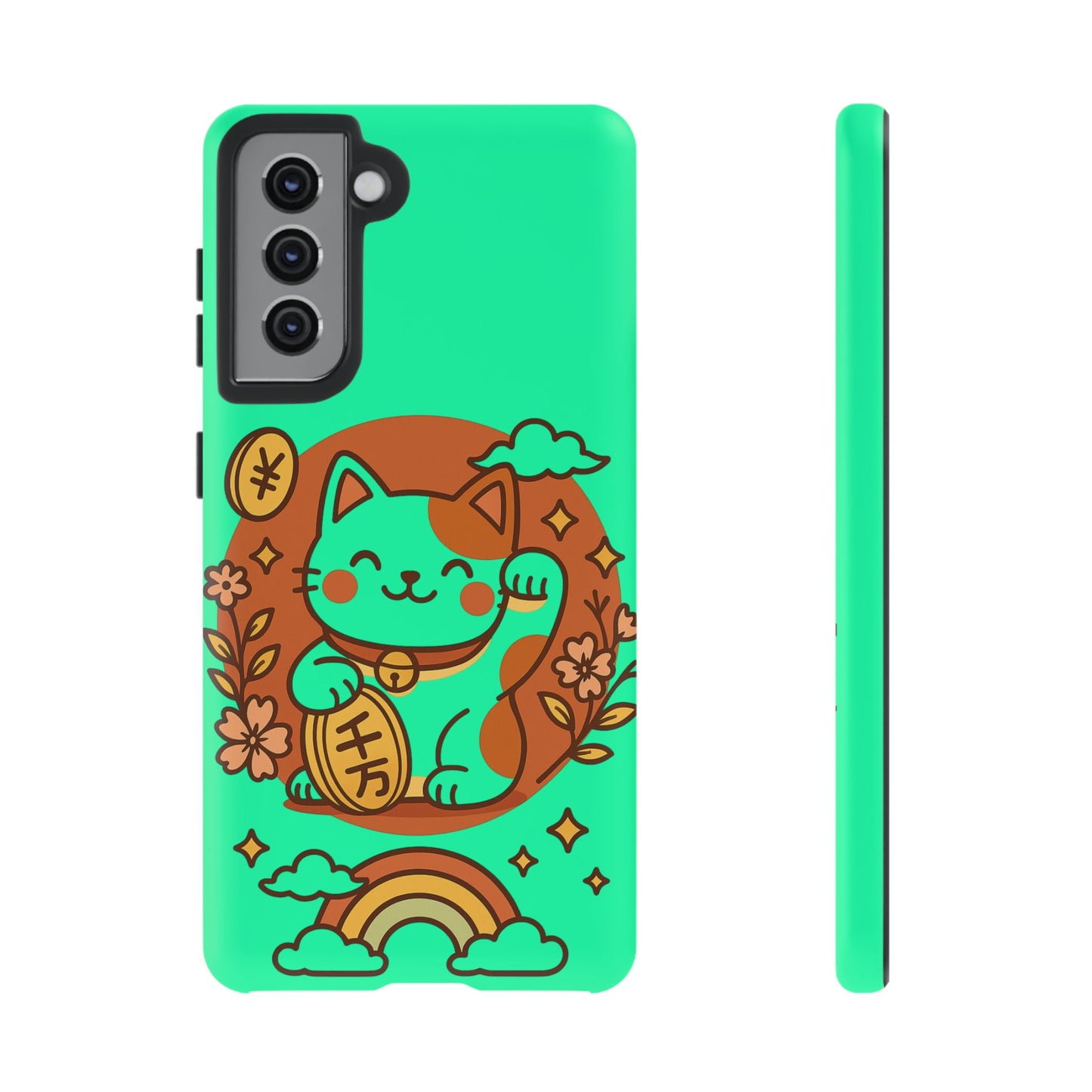 Printify japanese kawaii lucky cat phone case green slim protective case with teal maneki neko flowers and rainbow