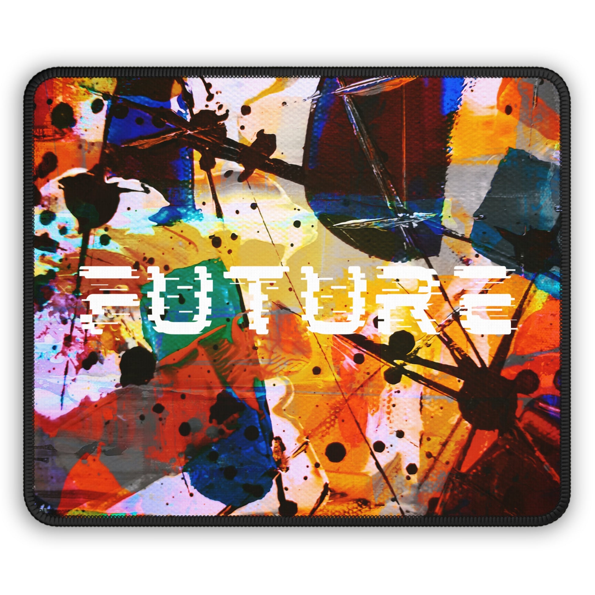 Colorful modern graphic abstract art mousepad featuring vibrant splashes and bold text