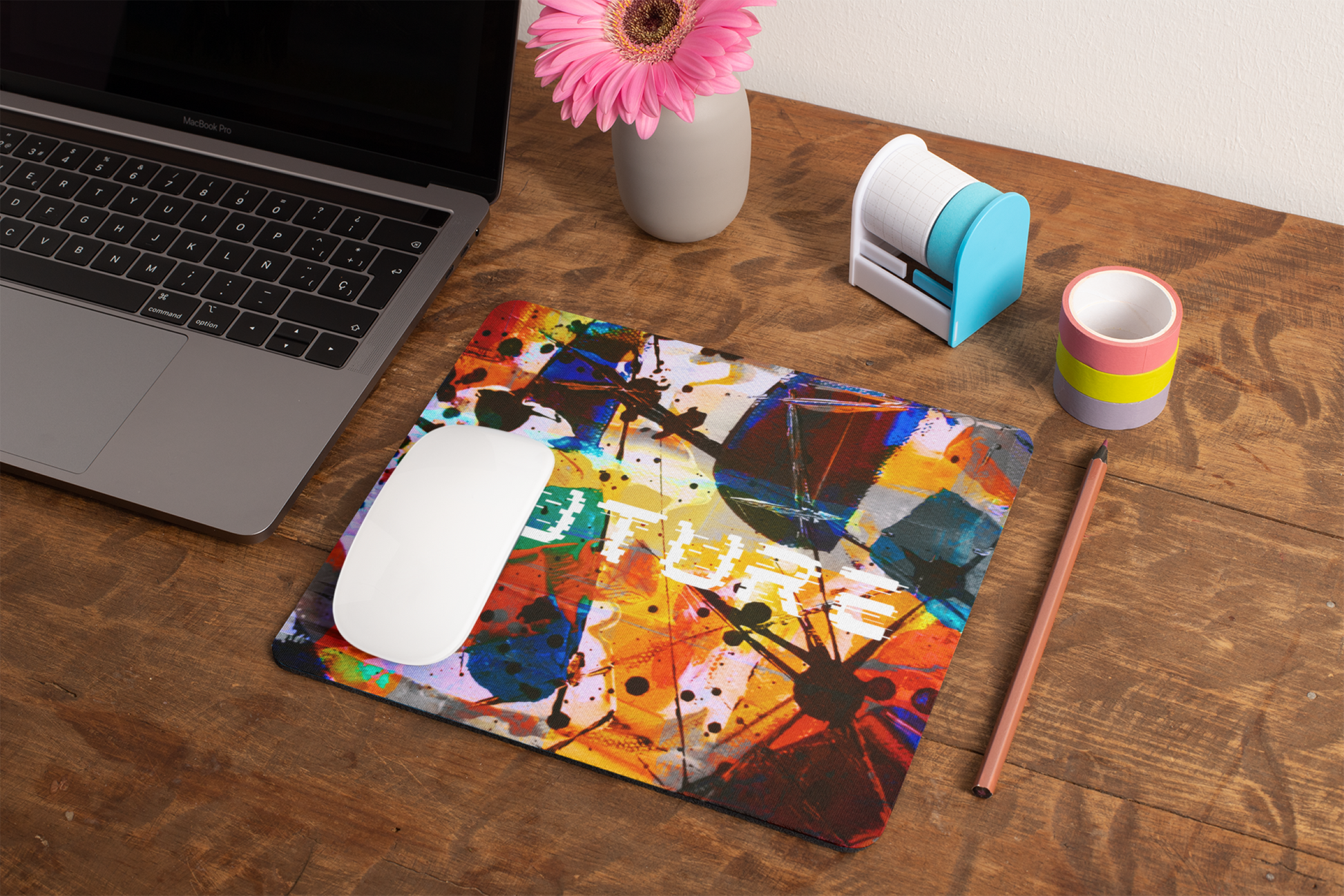 Modern graphic abstract art mousepad featuring colorful splashes for artistic home office decor